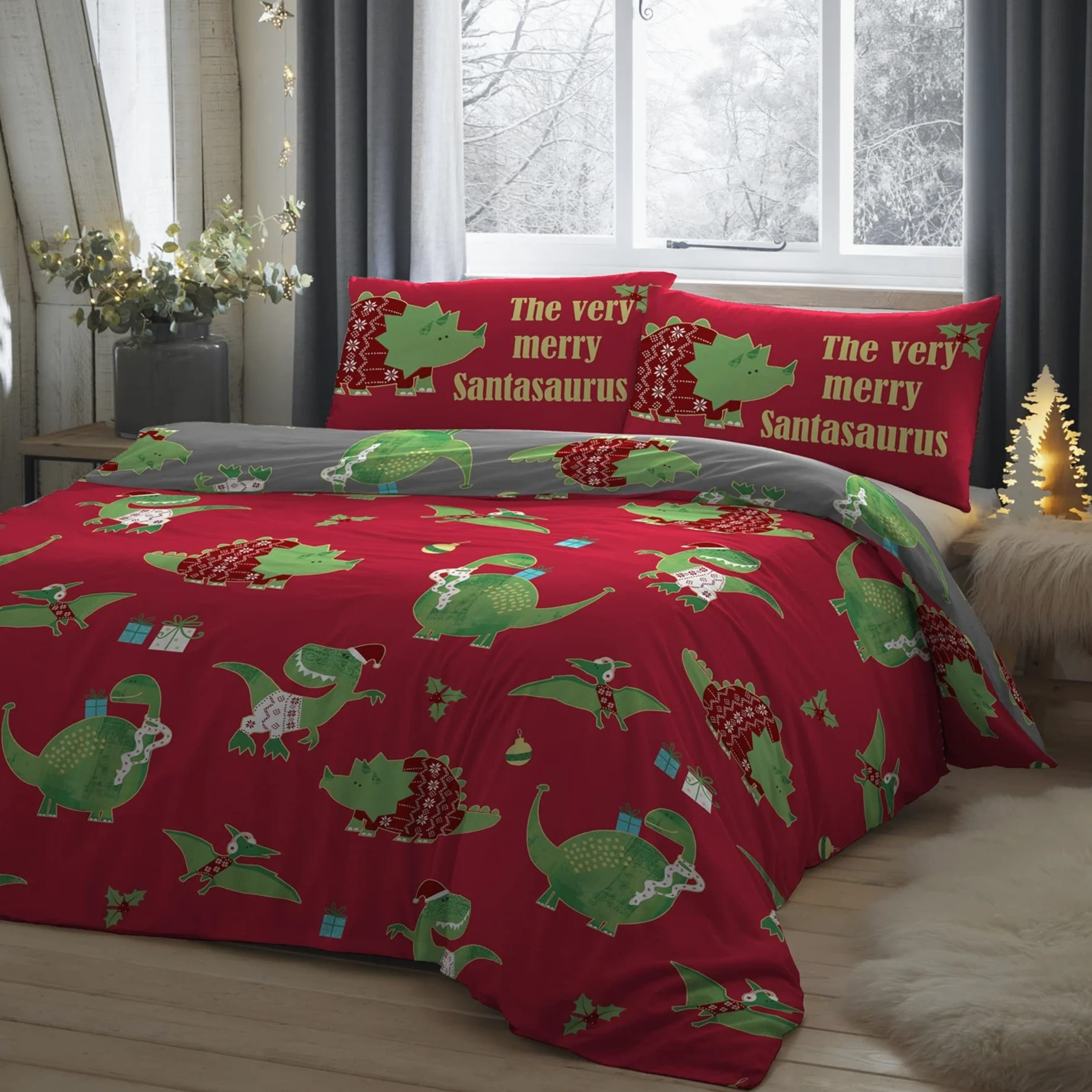 Bedlam Santasaurus Świąteczny zestaw poszewek na kołdrę z dinozaurem, rozmiar pojedynczej pościeli (140 x 200 cm), dwustronny, 2 kolory, 1 poszewka na poduszkę, nadruk kreskówkowy dinozaur, świąteczna