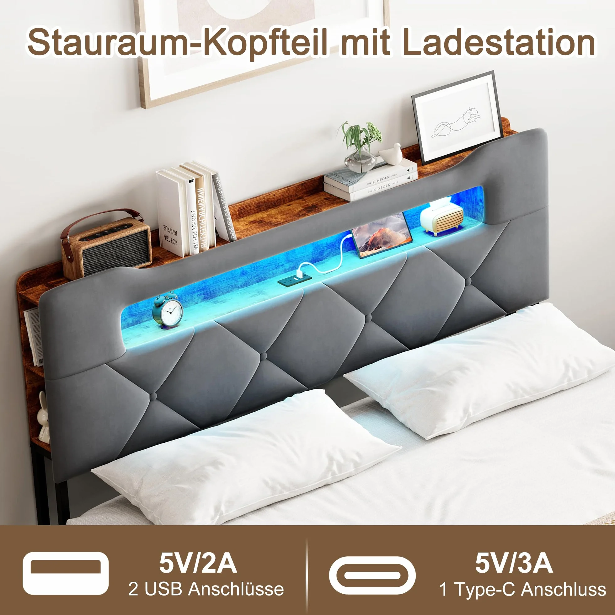 CDQL Łóżko tapicerowane podwójne 160 x 200 cm z 4 szufladami, łóżko młodzieżowe ze złączem USB i oświetleniem LED, zagłówek ze schowkiem, łóżko dla gości, łóżko funkcyjne, aksamit, szare