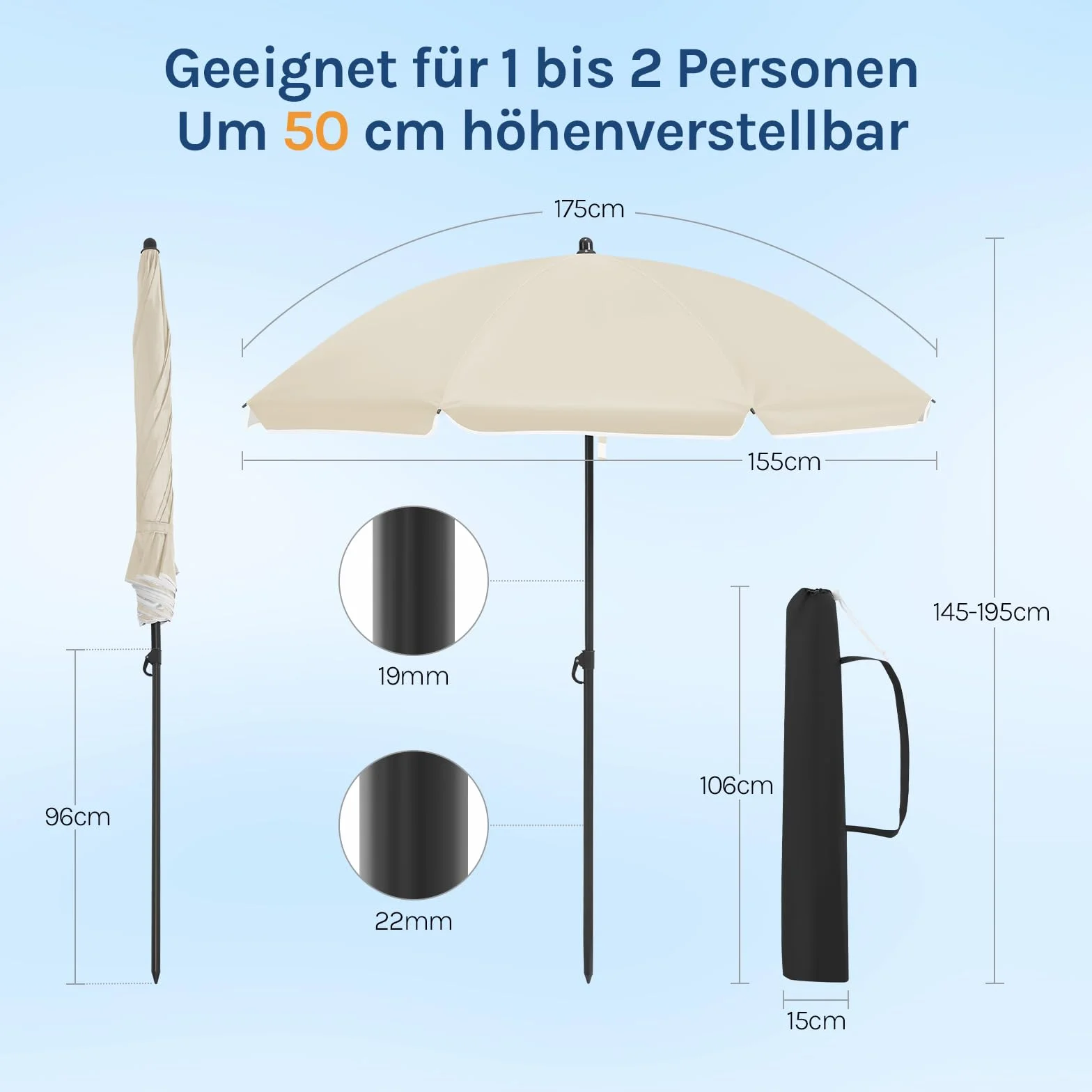 WOLTU Parasol przeciwsłoneczny na balkon, Ø 135/155/175 cm, ochrona przed promieniowaniem UV, UPF 50+, regulacja wysokości i nachylenia, torba do przenoszenia, okrągły parasol ogrodowy na balkon, do
