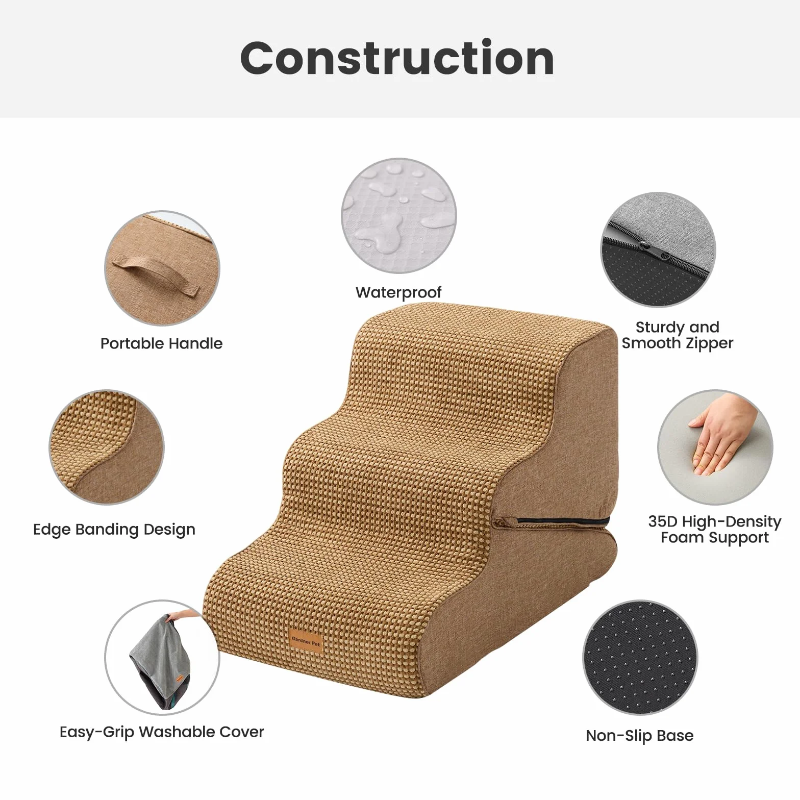 Gardner Pet Schody dla małych psów 35/42 cm, schody dla zwierząt domowych, 3 stopnie, rampa dla psów z gęstej pianki z antypoślizgowym, wodoodpornym pokrowcem materiałowym, na łóżko, sofę, kanapę i