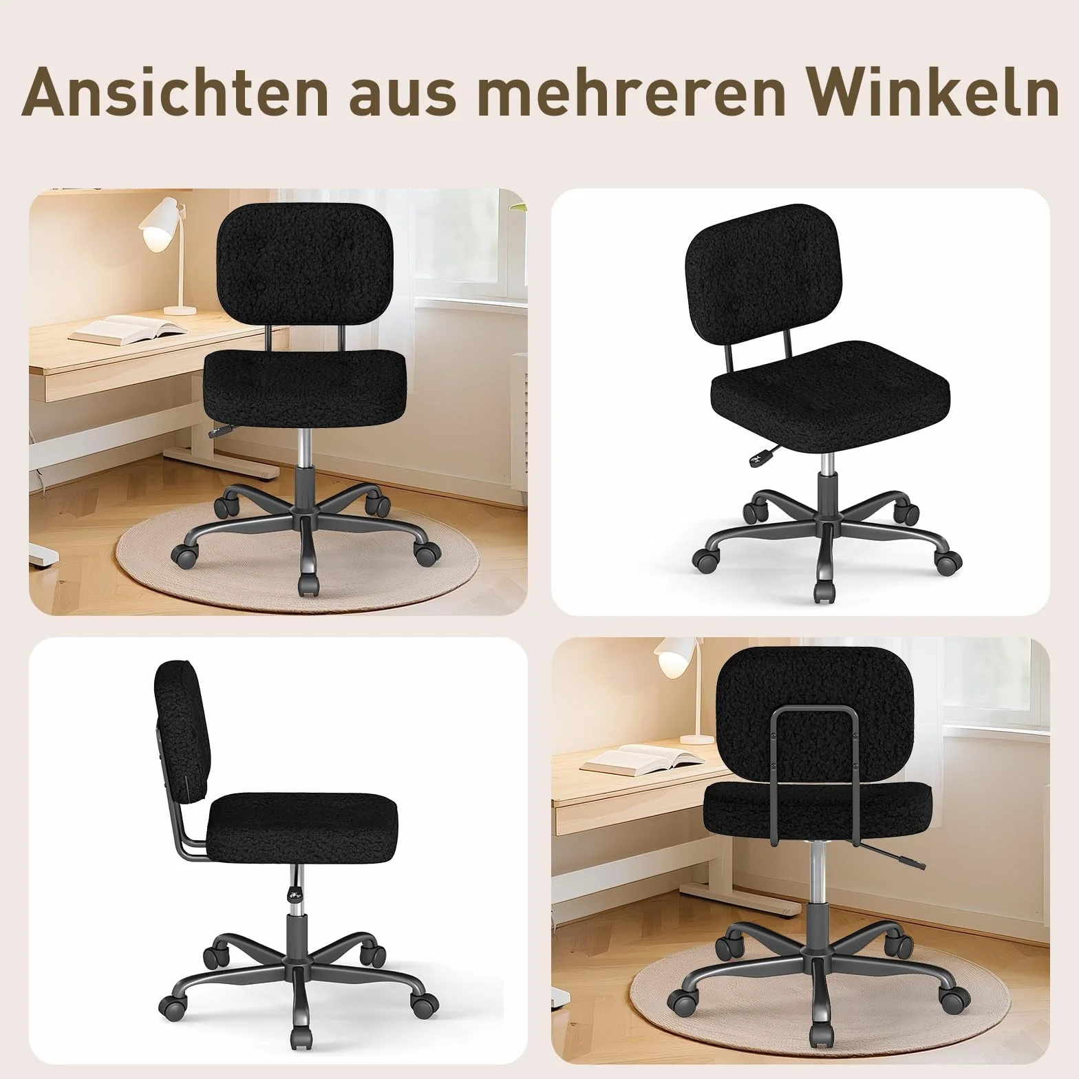 AnyGod Krzesło do biurka bez podłokietników, kompaktowe krzesło obrotowe z kółkami i regulacją wysokości, ergonomiczne krzesło komputerowe do małych pomieszczeń i toaletka, materiał pluszowy, czarny