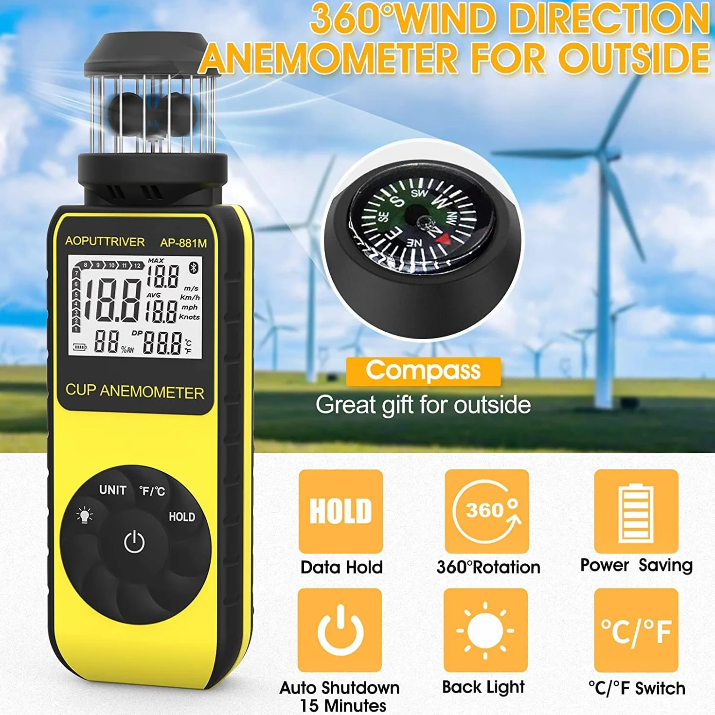 Anemometr kieszonkowy AP-881M, ręczny anometr, aktualizacja miernika wiatru z obrotem o 360°, dowolny kierunek wiatru do pomiaru prędkości wiatru, temperatura z podświetleniem LCD do fotografowania, latanie dronem w 2021 r