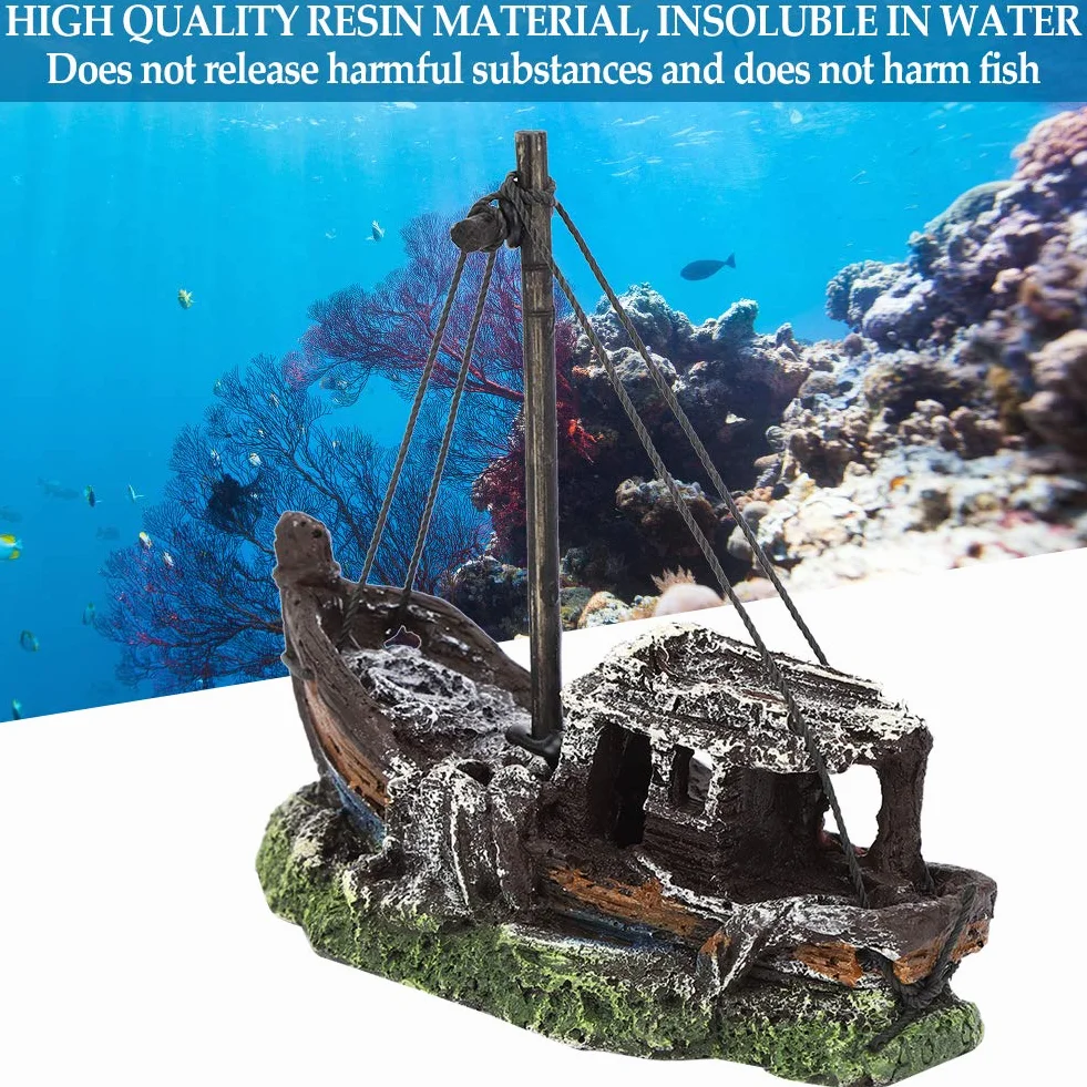 Resin Aquarium Fish Tank Landscape Ornament, Aquarium Artificial High Simulation Shipwreck Decoration Fish Tank Hide House