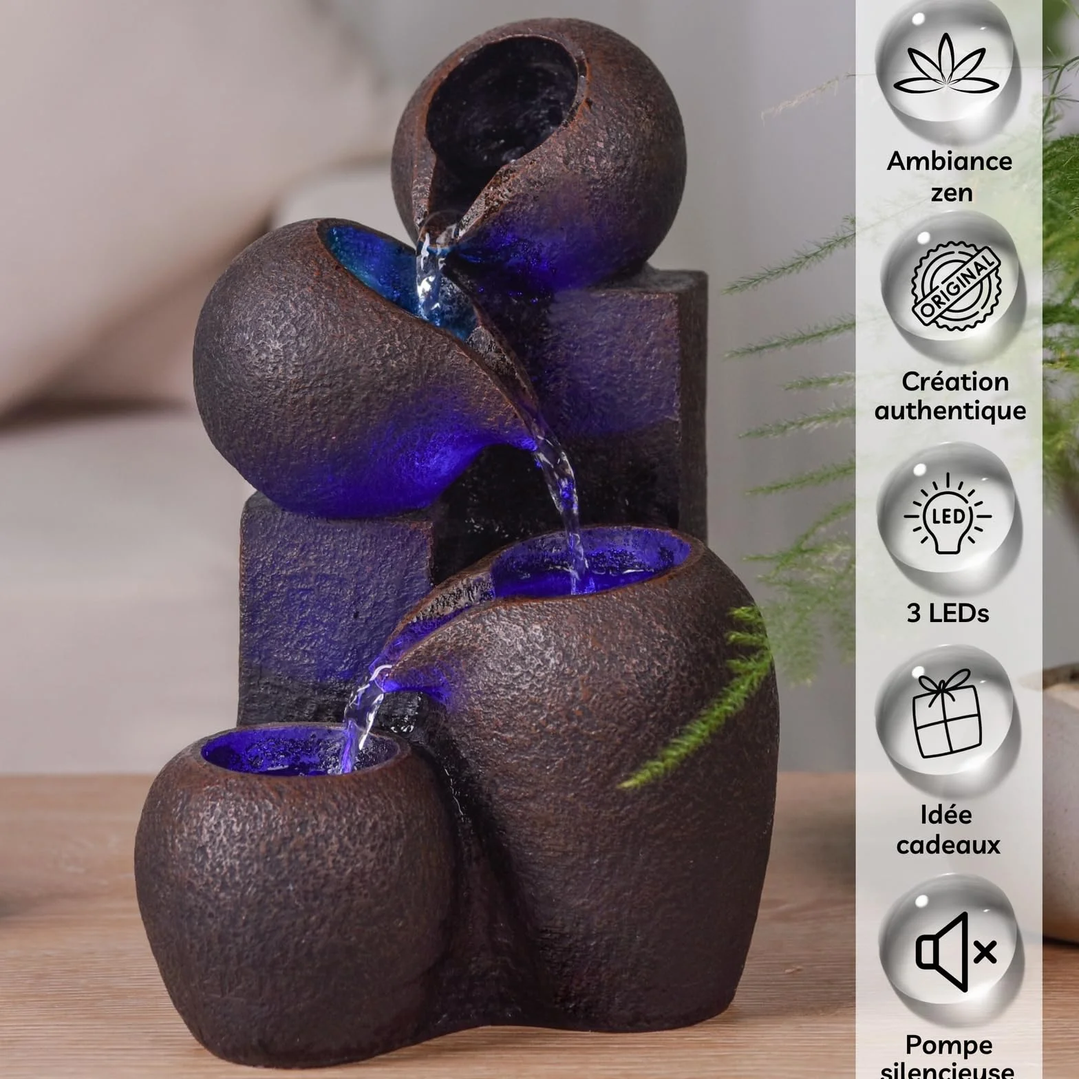 Fontanna wewnętrzna wodospad 4 poziomy słoik efekt kamienia naturalnego kolorowe diody LED, Zen i stylowa dekoracja wnętrz, fontanna stołowa, wyjątkowy pomysł na prezent, wys. 25cm - Luba Zen'Light