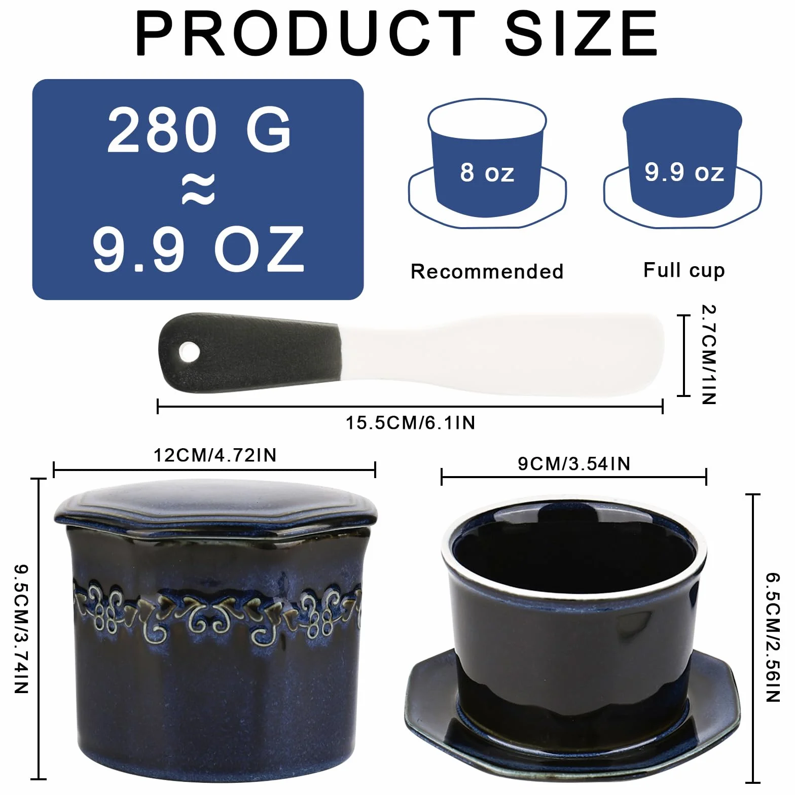 Francuska maselniczka, ceramika 250 g z nożem ceramicznym, chłodzona wodą z linią wodną, porcelana do kuchni