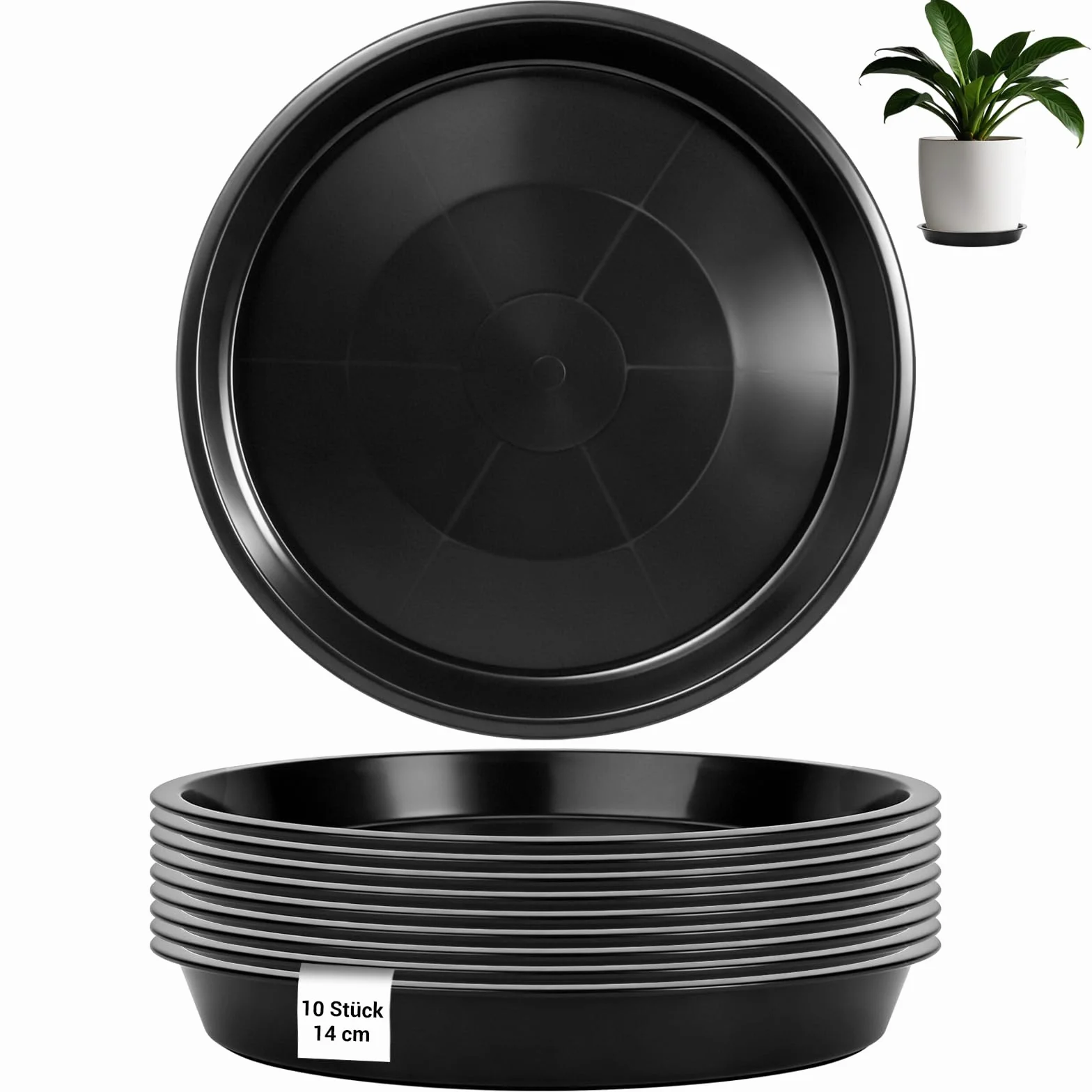 Podstawki pod doniczkę, 10 sztuk, z tworzywa sztucznego, Ø 14 cm, okrągłe, czarne, podstawki pod doniczki, do roślin wewnętrznych i zewnętrznych