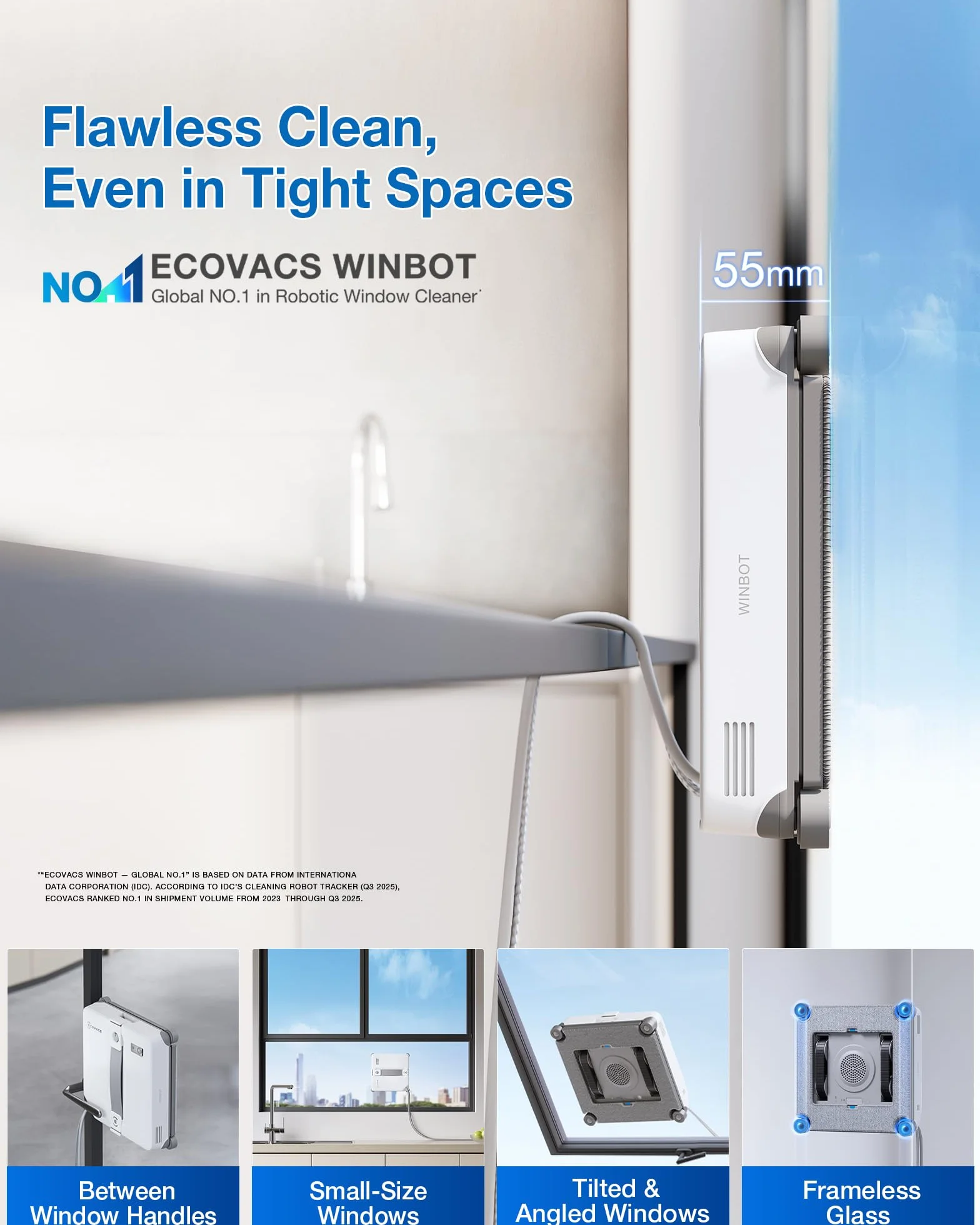 ECOVACS WINBOT Mini 2 robot do mycia okien ze szczotkami narożnymi i rozpylaniem ultradźwiękowym, ultra cienki i lekki, do wąskich okien, inteligentna nawigacja, 6 trybów aplikacji, 10-stopniowy