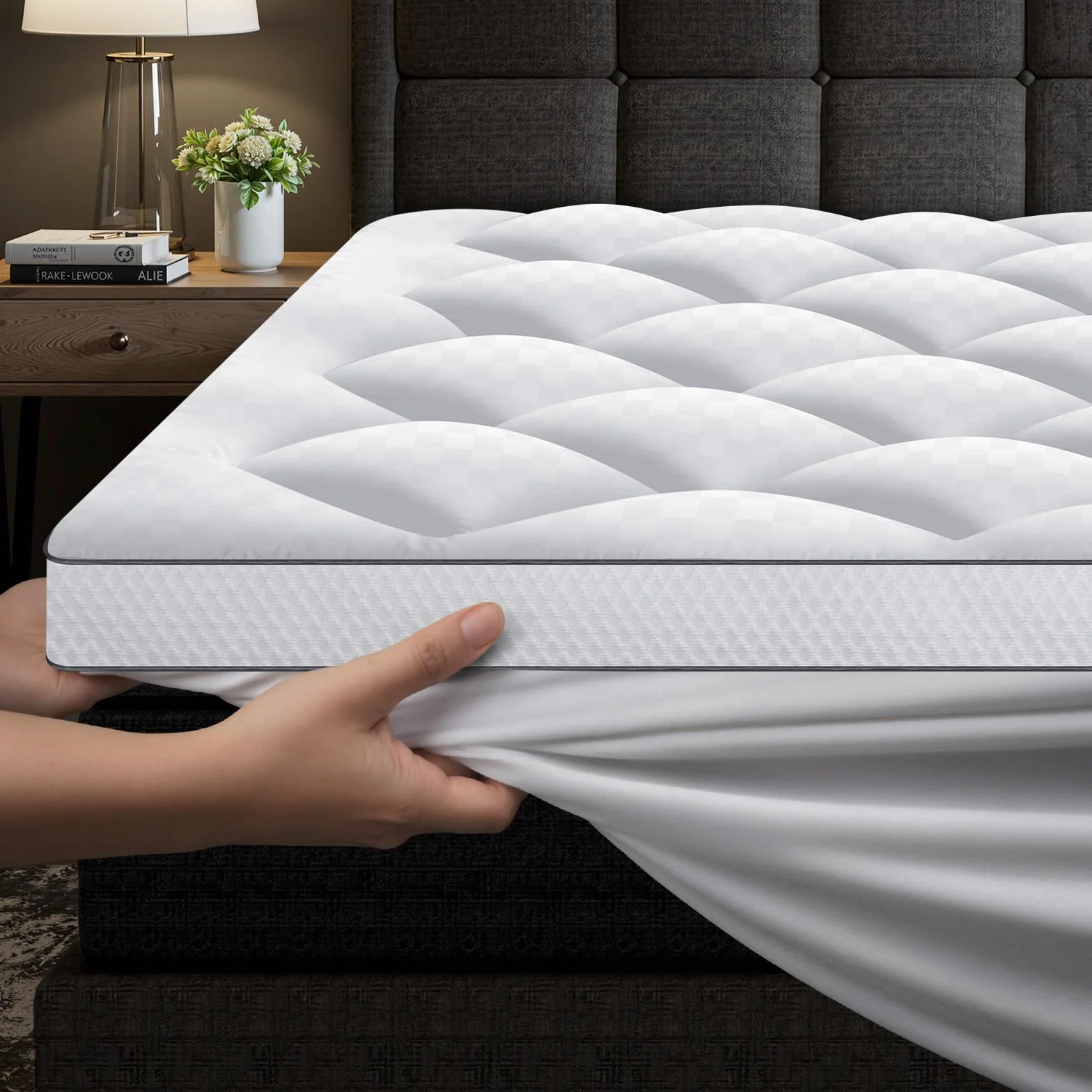 Nakładka na materac z cząsteczkami pianki z pamięcią kształtu, 140 x 200 cm, 1000 g/m², bardzo miękki materac wierzchni z 4 antypoślizgowymi nakładkami narożnymi, hipoalergiczna, nadaje się do