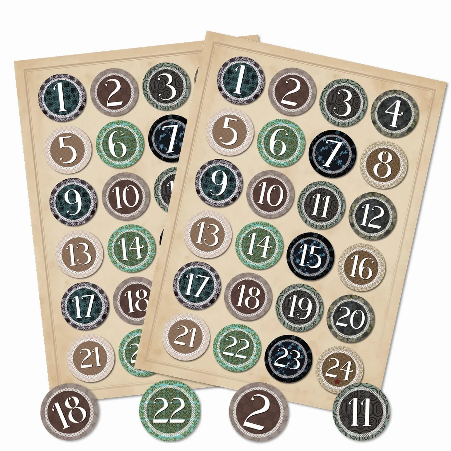 2 x 24 cyfry do kalendarza adwentowego Vintage do majsterkowania, nalepki, naklejki, kalendarz adwentowy, cyfry 4 cm, beżowe, zielone, czarne, naturalne, etykiety na Boże Narodzenie, 1 do 24 torebek papierowych