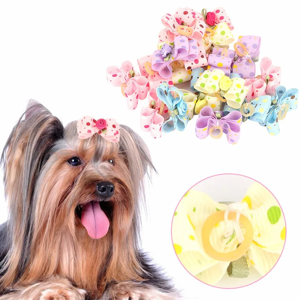 aqxreight 20 szt. Sierść Psa Bowknot z gumką Pet Puppy Teddy Pielęgnacja Włosów Akcesoria Losowy Kolor Boże Narodzenie i Moda Dog BowknotDog Hair Bowknot Akcesoria do Sierści Zwierząt Pielęgnacja