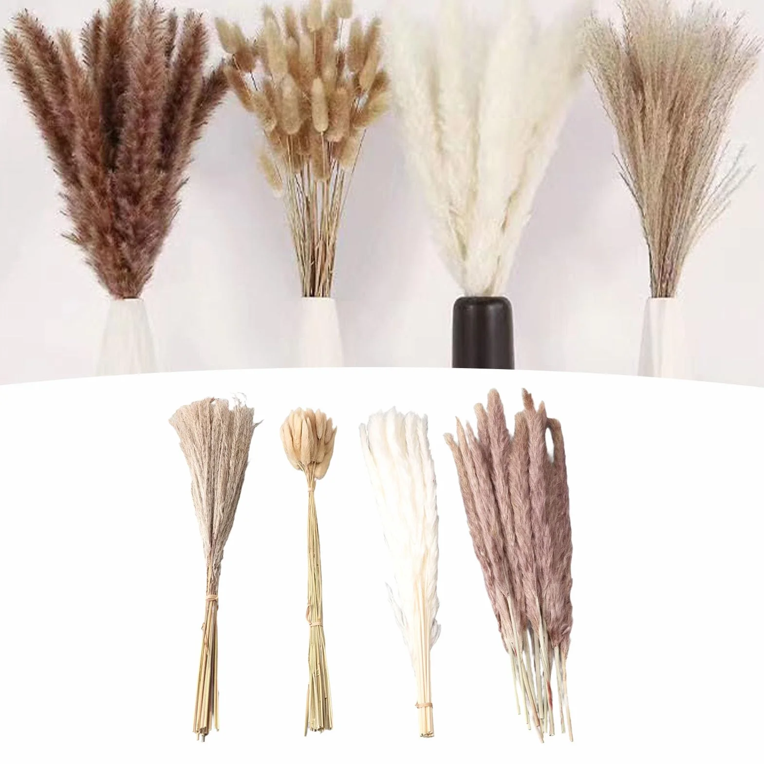Tissting Suszona trawa pampasowa, 43 cm, boho, trzcina, rustykalna dekoracja wiejska, królik, ogon, trawa, do domu, na ślub, 100 szt
