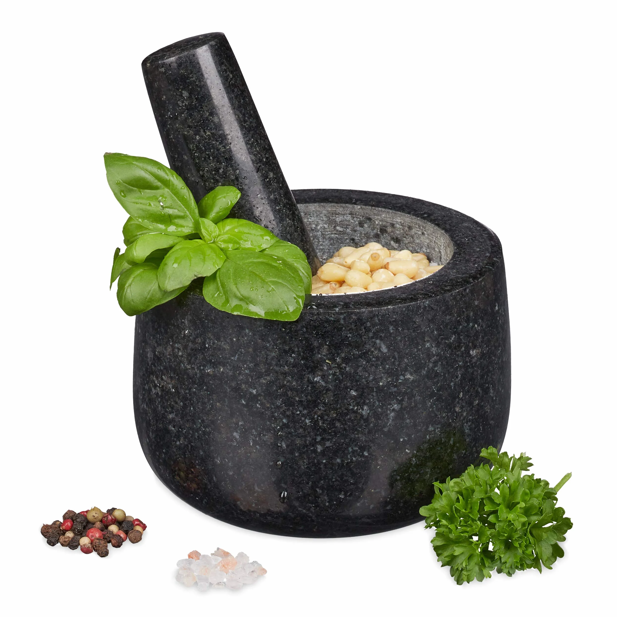Relaxdays Moździerz granitowy z tłuczkiem, wytrzymały i trwały, przyprawy, zioła, polerowany kamienny moździerz, Ø 12 cm, 300 ml, czarny