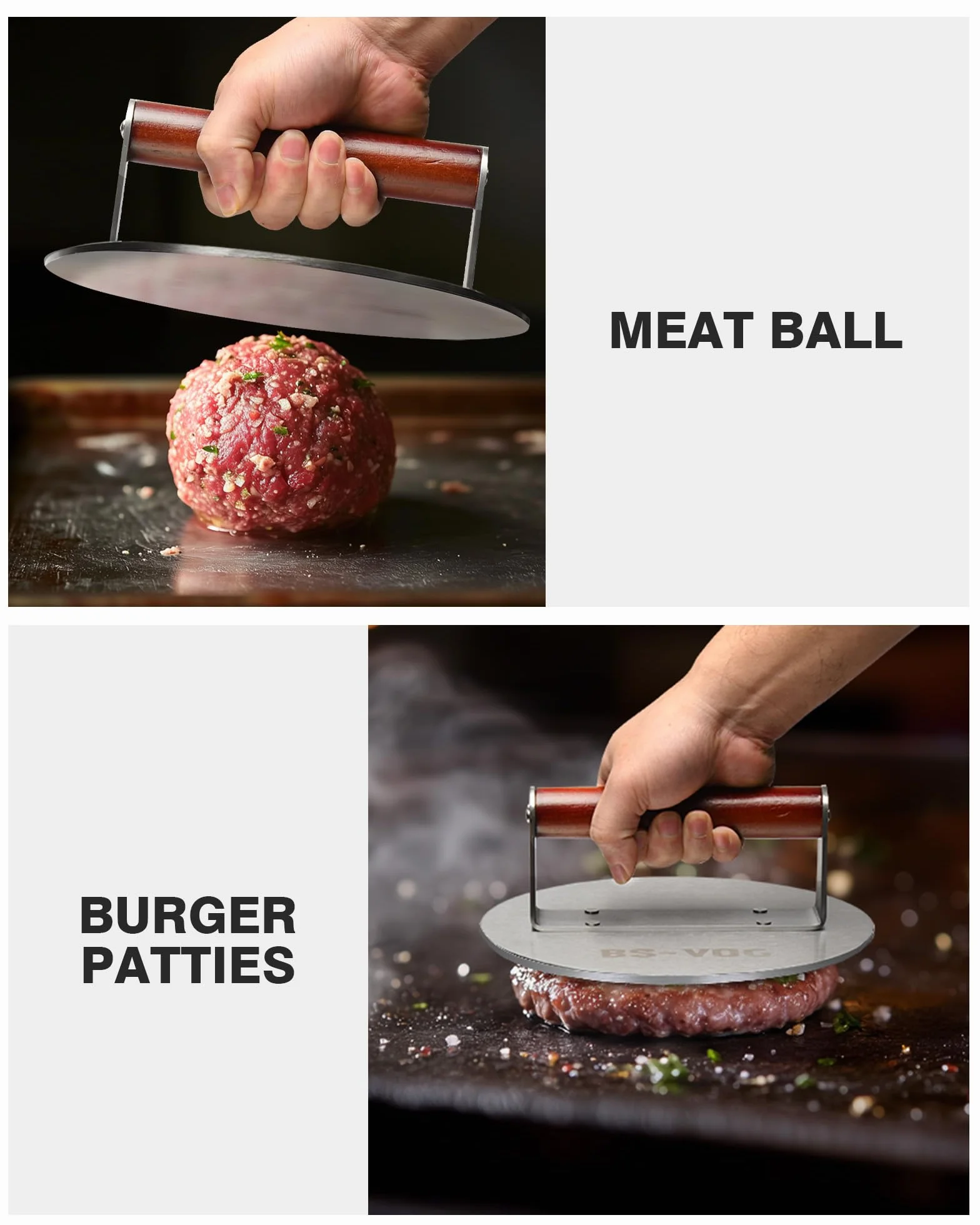 BS-VOG Prasa do burgerów smash 21,6 cm, ciężka waga 1,15 kg, z drewnianym uchwytem, ze stali nierdzewnej, do mięsa, kotletów, steków, bekonu, kiełbas, profesjonalne narzędzie akcesoriów do grilla