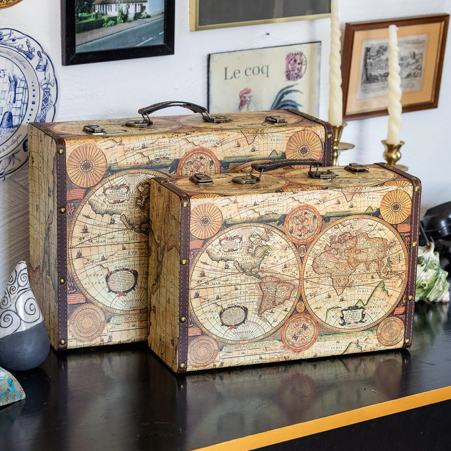 HMF VKO104 drewniana walizka w stylu vintage, 38 x 26 x 13 cm, duża, dekoracyjna mapa świata