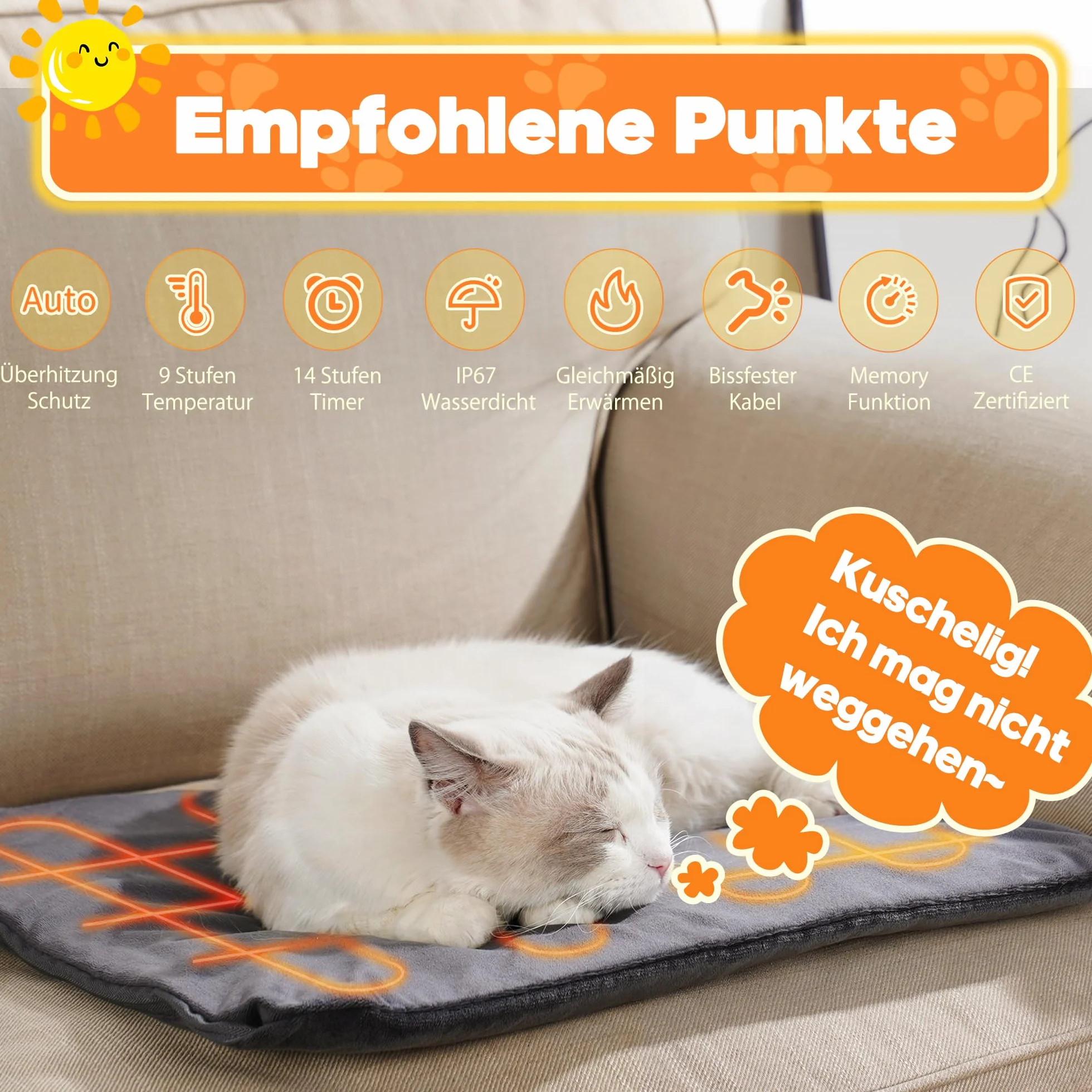 Angelpet Mata Grzewcza dla Psów i Kotów XL 60x90 cm – Elektryczna Mata Grzewcza z 9 Temperaturami, 14 Timerów, Kabel antygryzący 1,8 m, 2 Pokrowce