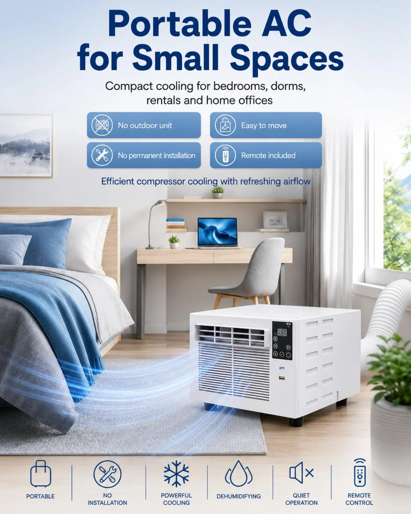 Mobilny klimatyzator 750 W na 4 m² z wężem wylotowym, do sypialni, biura, mieszkania studenckiego | 24-35 dB, timer 1-12 h, pilot zdalnego sterowania, chłodzenie i wietrzenie