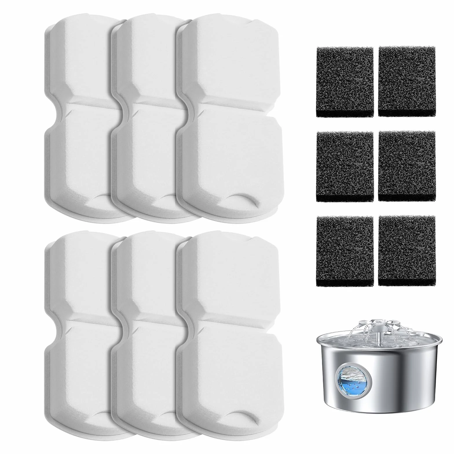 IHOUONE Filtr do fontanny dla kota: 12 filtrów do fontanny dla kotów - 6 węglowych + 6 gąbek odpowiednich do dozownika zwierząt domowych ze stali nierdzewnej