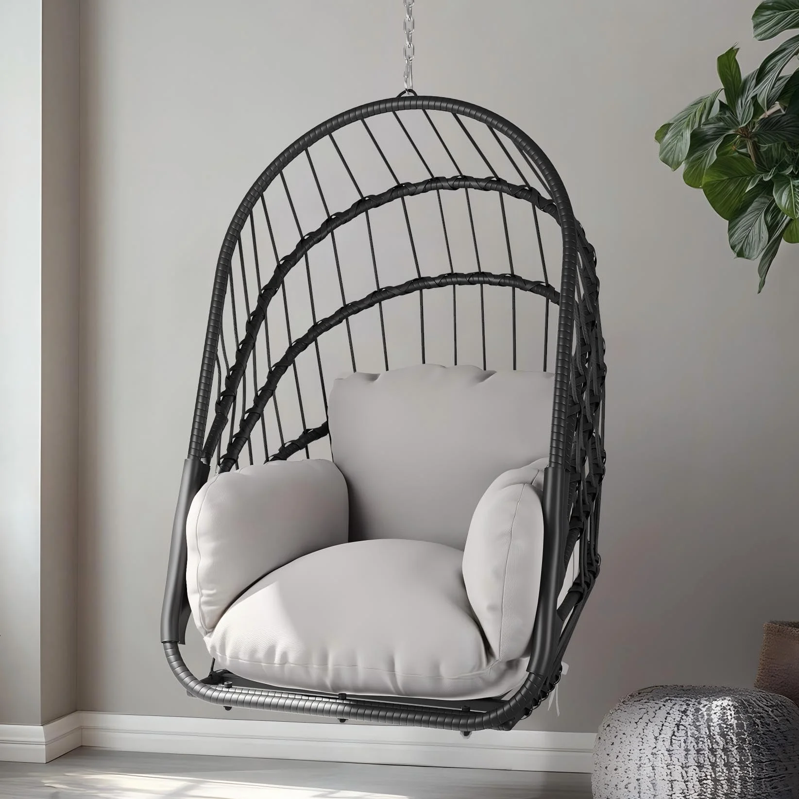 YITAHOME Fotel wiszący bez stelaża, rattanowe krzesło bujane z poduszką nadającą się do prania, nośność 160 kg, składany fotel wiszący na taras, do ogrodu, sypialni i balkonu, szary