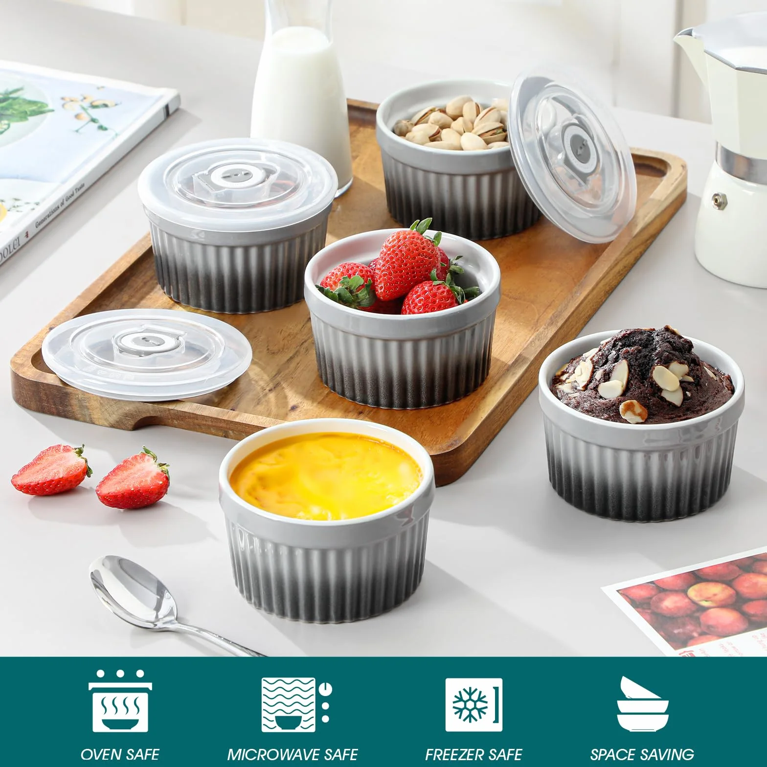 vancasso Ramekiny z pokrywkami, 6 x 260 ml, ramekiny i foremki do dmuchania z porcelany, Ramekin Creme Brulee do babeczek i ciast, ramekin, piekarnik do kremów, sos, owoce, Ø10,1 cm - szary