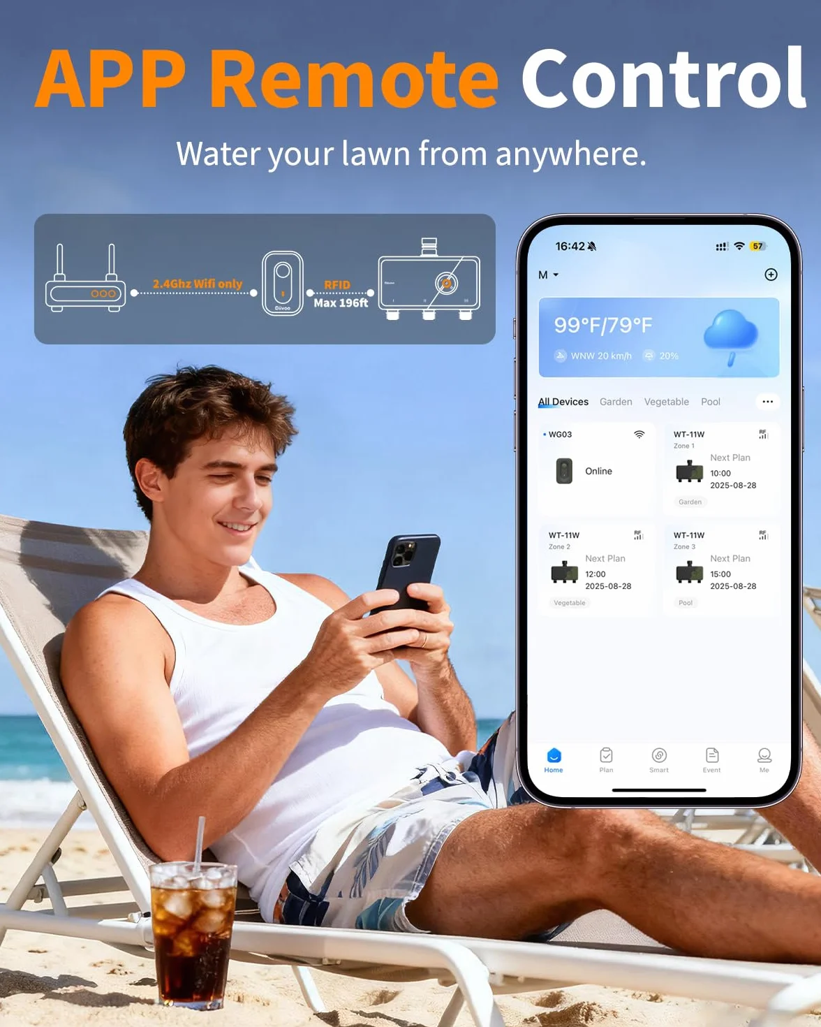 Diivoo 3 Zone WiFi Water Timer with Brass Inlet, Smart Sprinkler Hose Timer 3 Outlets Compatible with Alexa/Google Assistant, 18 Irrigation Plans, Rain Delay & Mist Mode for Garden Lawns (2.4GHz Only)