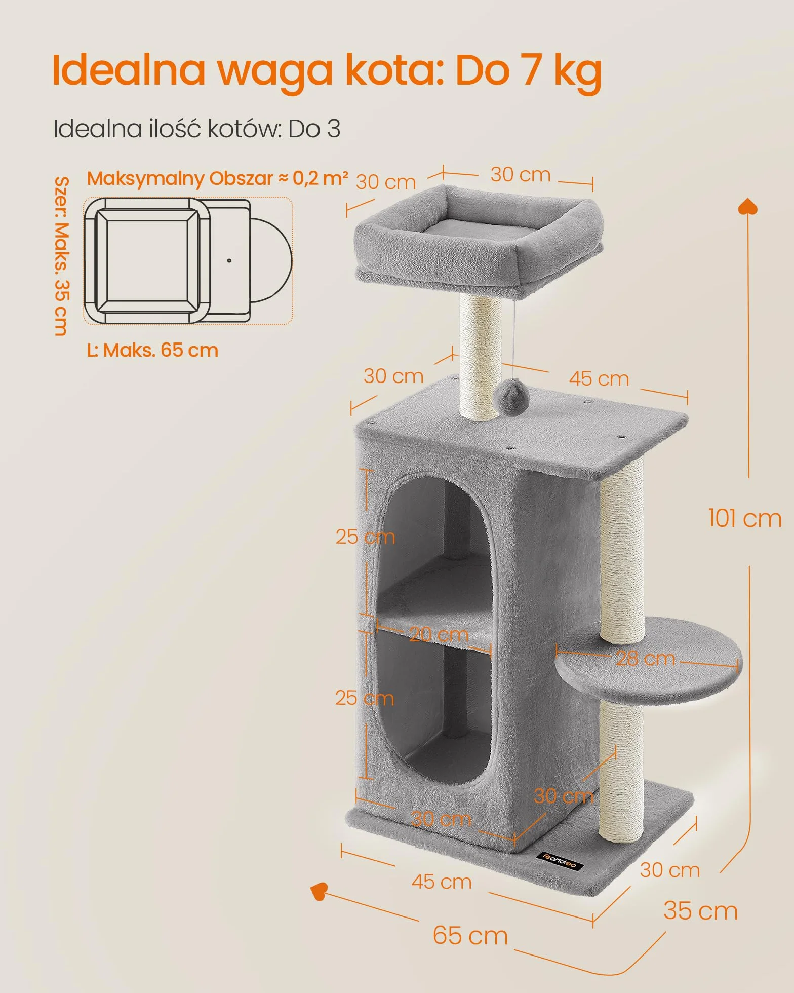 Feandrea Cat Tree, Drapak dla kota z 2 jaskiniami, słupki do drapania, dla gospodarstw domowych z wieloma kotami, kocięta, jasnoszary PCT005G01