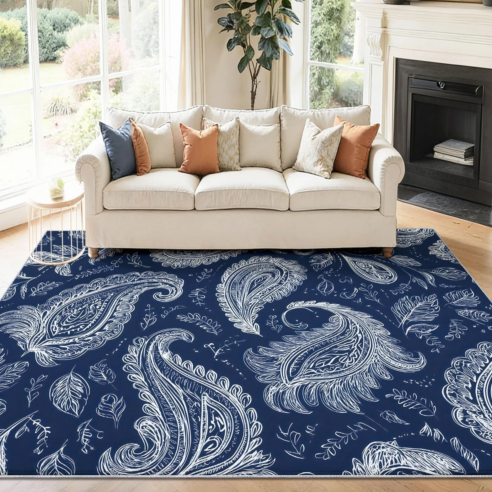 Dywan do salonu, można prać w pralce, 160 x 230 cm, dywan Paisley, antypoślizgowy, białe liście kwiatów nerkowca, niskie runo, nie gubi włosia, nadruk, do jadalni, domu, biura, sypialni