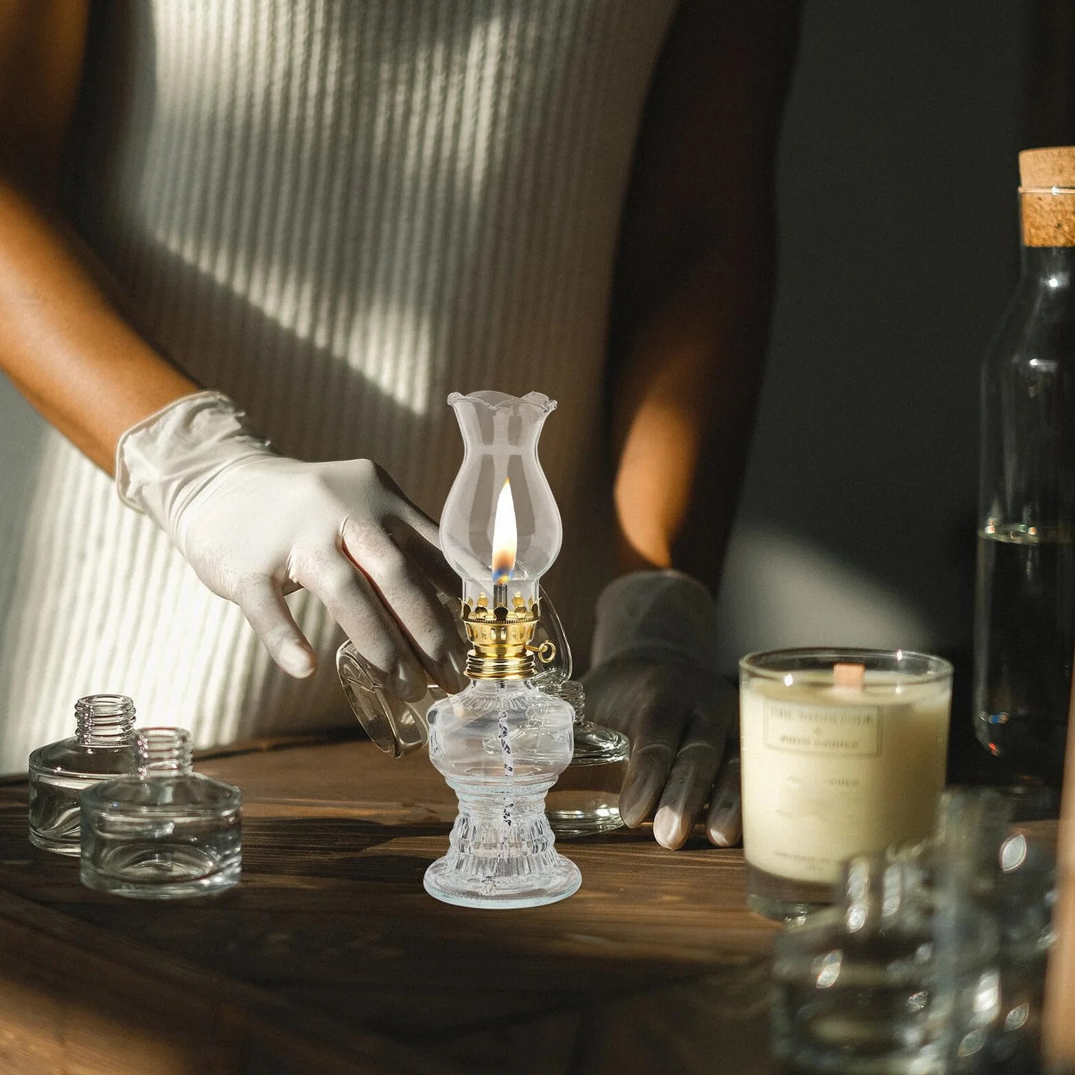 2 Szt. Szt Antyczne Lampy Naftowe Szkło Przezroczyste z Regulowanym Knotem Rustykalna Lampa Olejowa Stół Wiatroszczelna Dekoracja Vintage Do Awaryjnego Oświetlenia i Kempingu