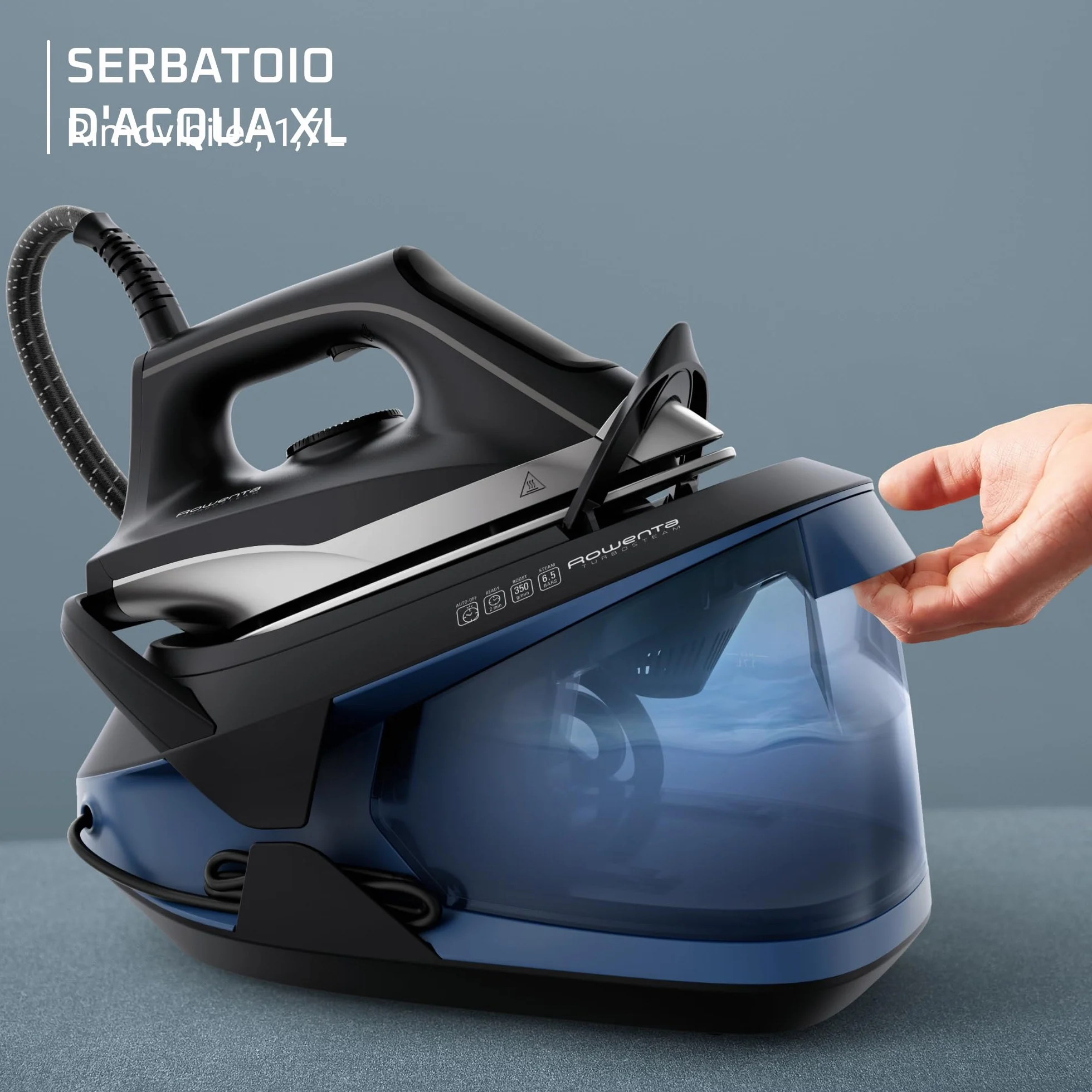 Rowenta VR8325 Turbosteam stacja parowa, 2600 W, 120 g/min stała para, dodatkowe uderzenie pary 350 g/min, szybkie nagrzewanie, zbiornik na wodę 1,7 l, system zapobiegający osadzaniu się kamienia
