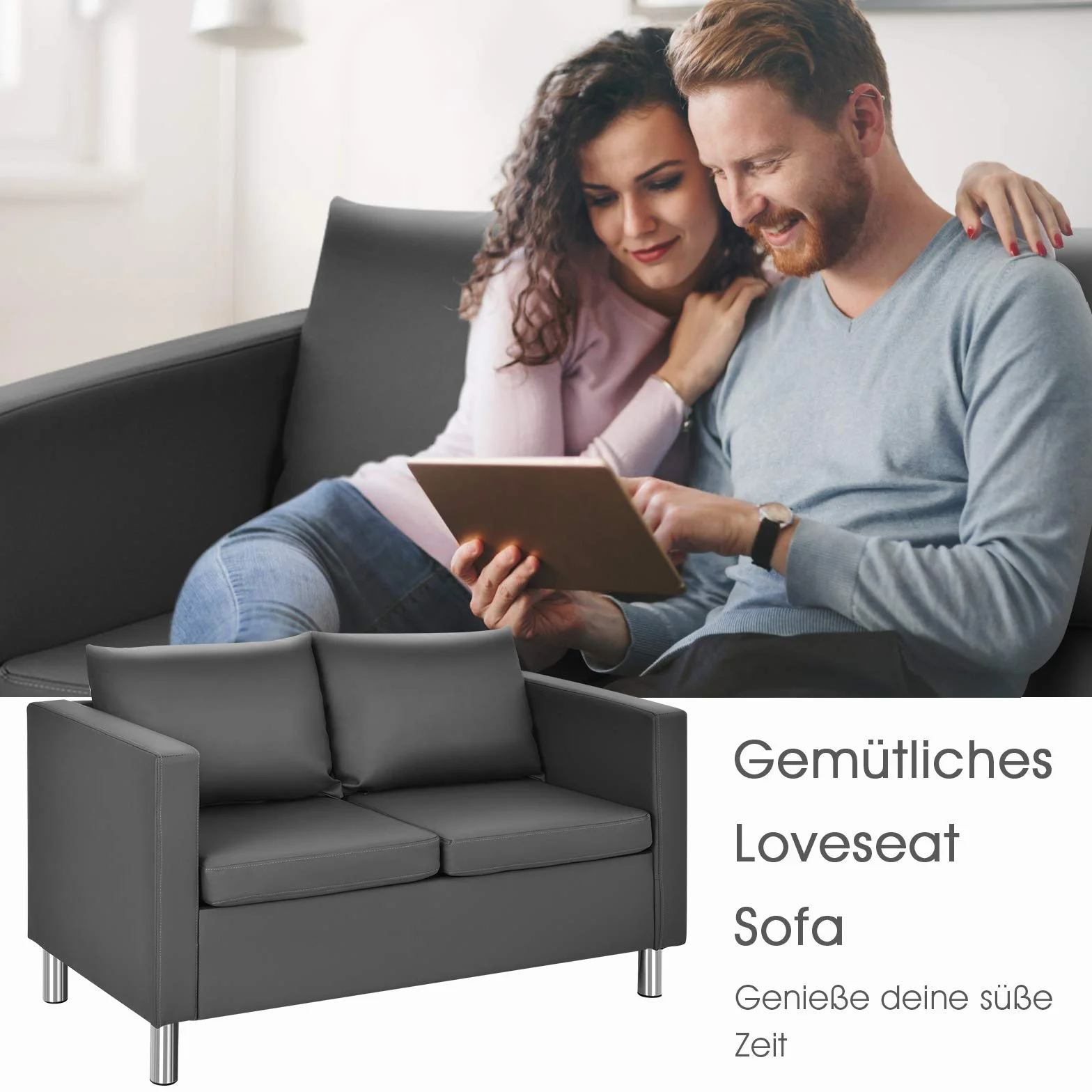 COSTWAY Sofa 2-osobowa z poduszkami, komplet sofy ze sztucznej skóry, idealny do domu i biura, szary