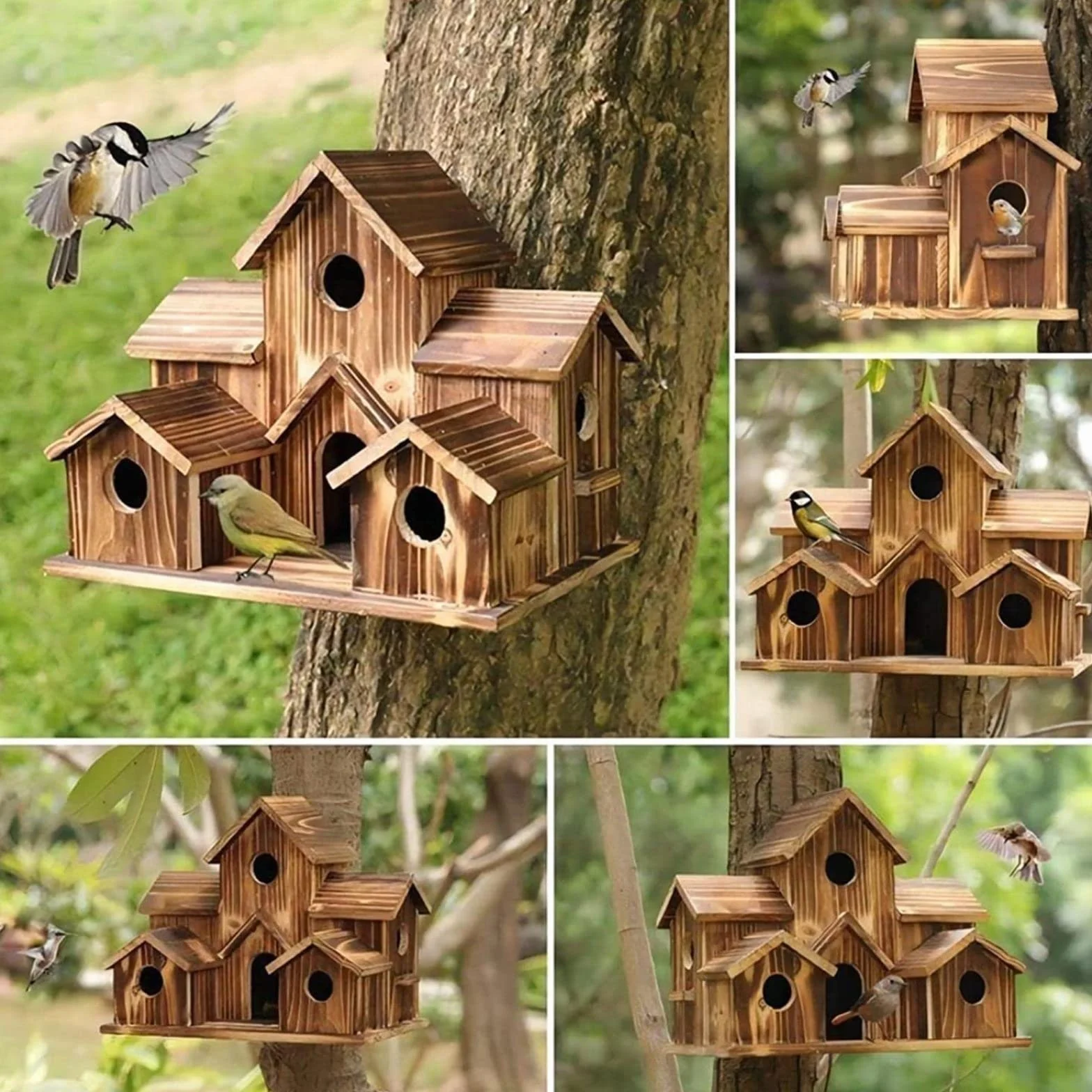 6-otworowy ręcznie wykonany naturalny drewniany domek dla ptaków na zewnątrz, gniazdo papug, domki dla ptaków, brązowy