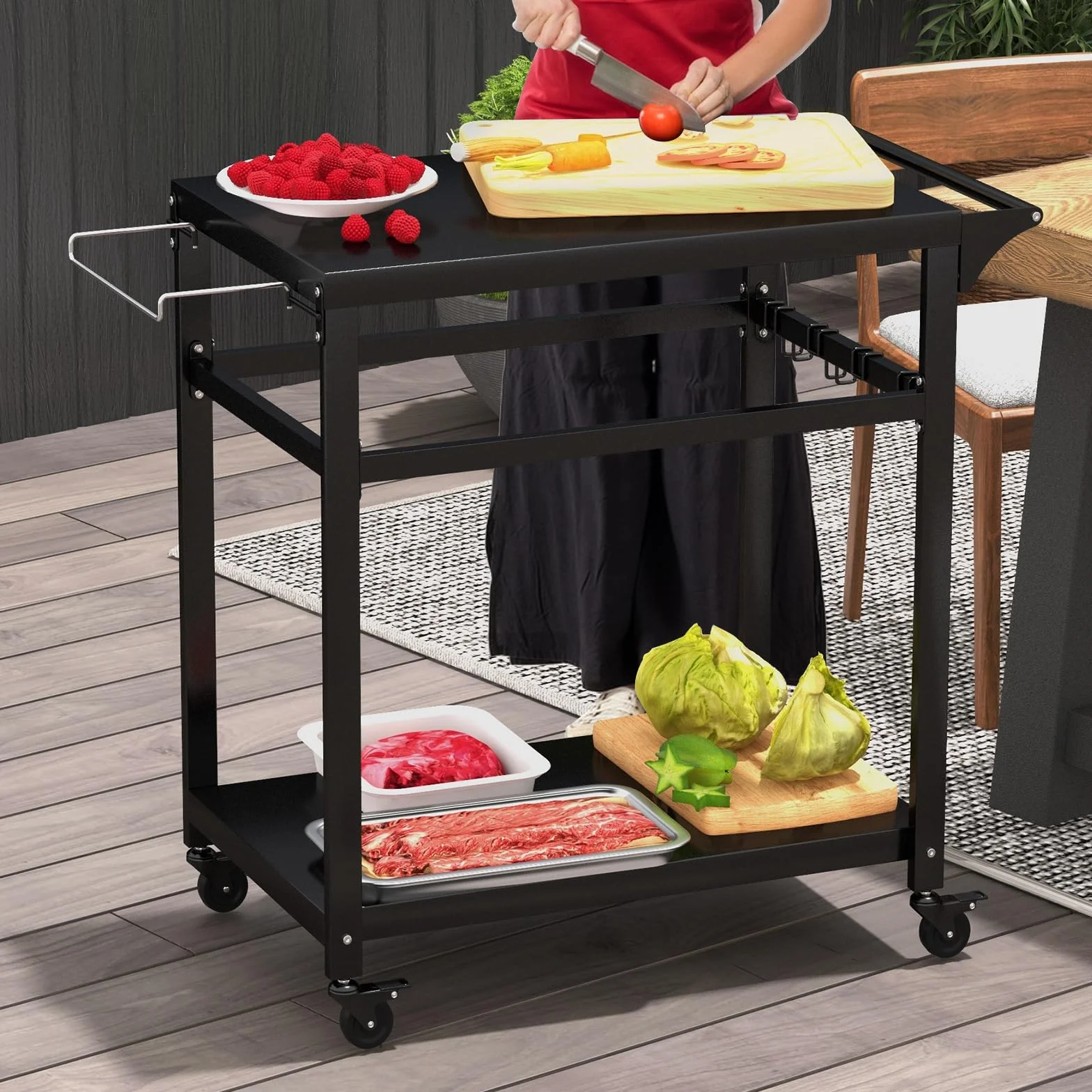 KOMFOTTEU Metalowy wózek do serwowania, wózek ogrodowy ze stołem roboczym, 2 półki i haczyki, stół grillowy, wózek kuchenny, do użytku na zewnątrz