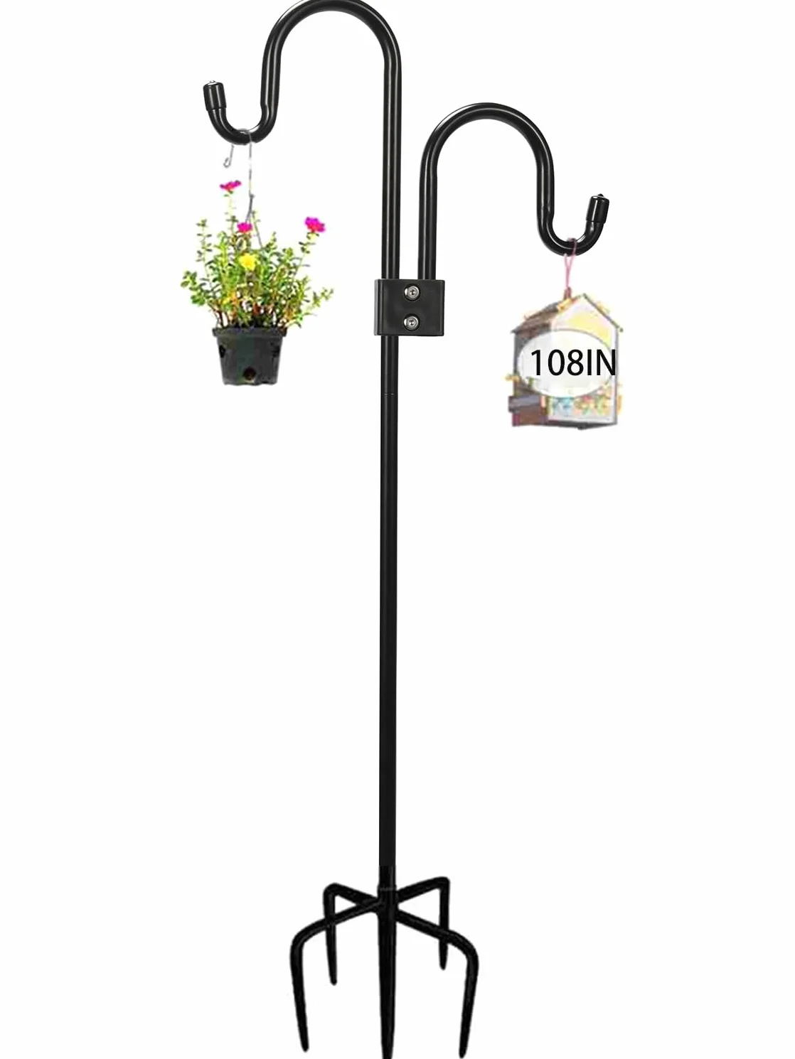 Podwójny hak pasterski do użytku na zewnątrz, 71-233 cm, regulowane haczyki ogrodowe z 5-bolcową podstawą, wytrzymały hak ogrodowy do lamp ogrodowych, lampionów, koszy na rośliny
