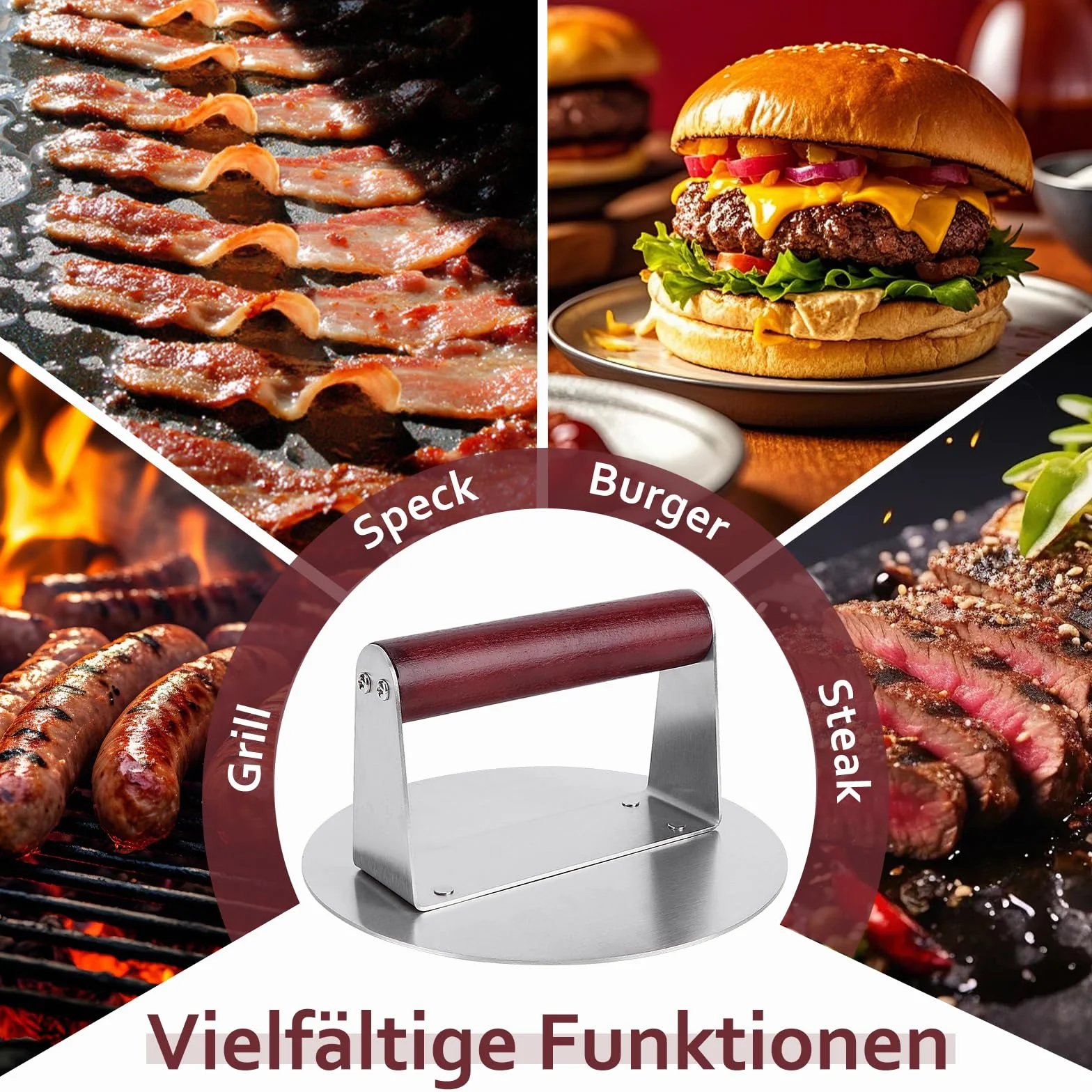 Prasa do burgerów Smashburger z drewnianym uchwytem 16 cm Prasa do burgerów Smash Burger Prasa do burgerów na mięso, pasztet, stek, boczek, BBQ