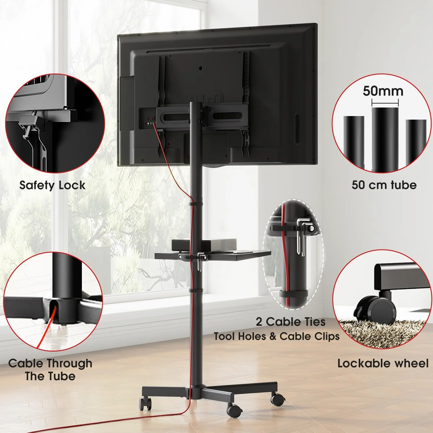 AOKCOS Stojak na telewizor na kółkach – mobilny stojak na telewizor na kółkach do płaskich / zakrzywionych telewizorów 81.3–165.1 cm z regulacją wysokości, przenośny wózek na telewizor o wadze do 40
