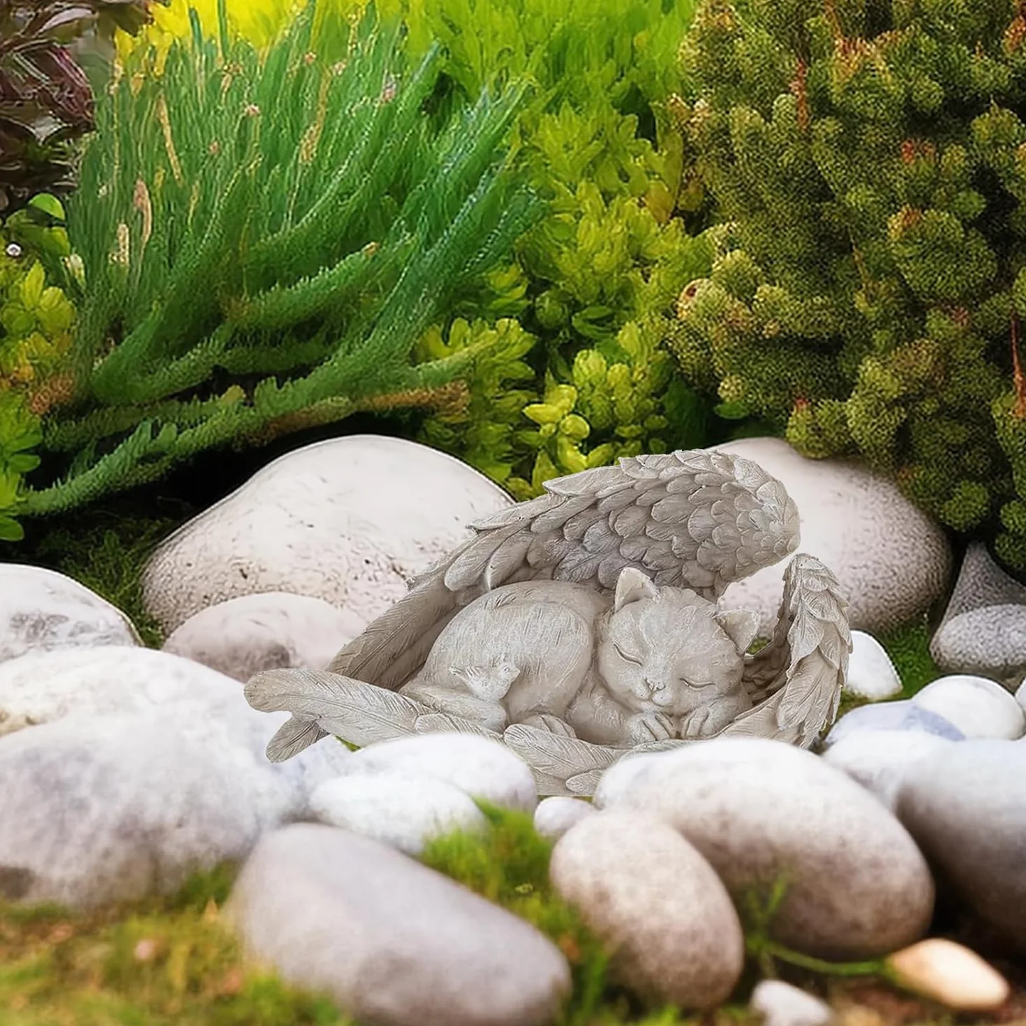 Shirene Kamień pamiątkowy dla aniołka kota, statuetka anioła, kamień pamiątkowy z kotami i skrzydłami anioła, rzeźba śpiącego kota, do użytku na zewnątrz i wewnątrz, na taras, balkon, do ogrodu