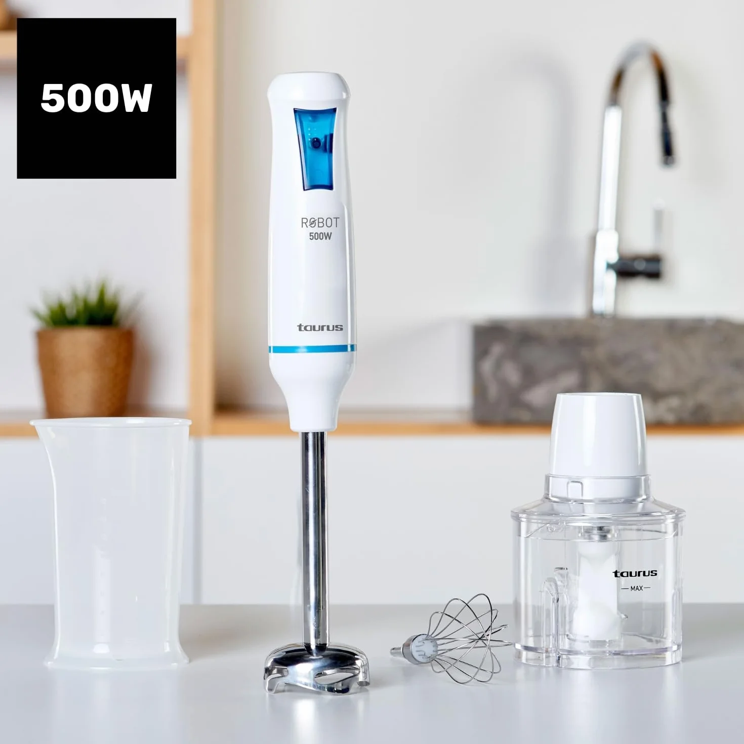 Taurus Robot 500 PLUS INOX zestaw blenderów ręcznych, 20 stopni prędkości, 500 W, elektryczny, łącznie z blenderem do miksowania, miotełką, pojemnikiem do miksowania, rozdrabniaczem, nadaje się do