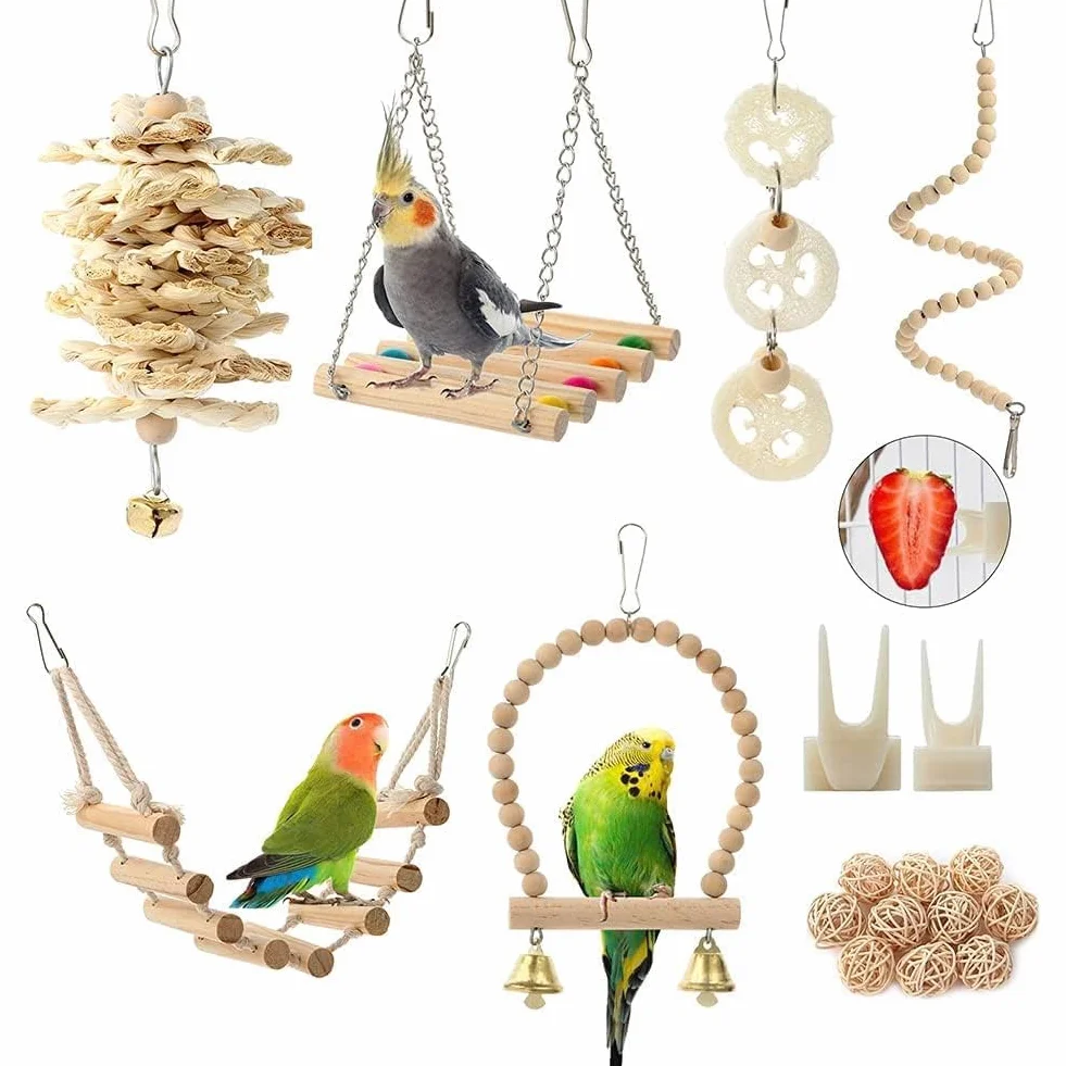 Zabawki dla Ptaków - Papuga, Akcesoria, Huśtawka, Żucie, Stojący, Wiszący Hamak, Drabina Wspinaczkowa dla Papug, Conure, Cockatiel, Mynah, Ptaki Miłości, Zięby, 18 Szt