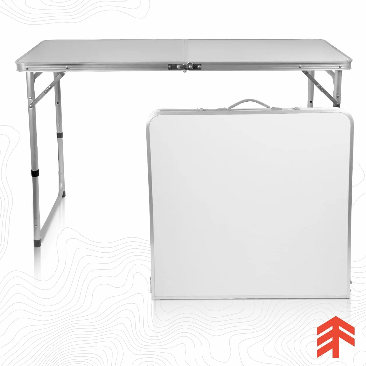 MalTec Stół kempingowy, składany stół w walizce, 120 x 60 x 70 / 60 / 54, 4 krzesła, aluminium, 3 stopnie regulacji wysokości, biały