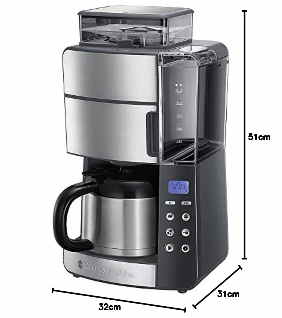Russell Hobbs ekspres do kawy, wbudowany młynek, regulacja mocy zaparzenia kawy, timer, podtrzymywanie temperatury, dzbanek termiczny, pojemność 1,25l, moc 1000W, czarny-stalowy, Grind&Brew 25620-56