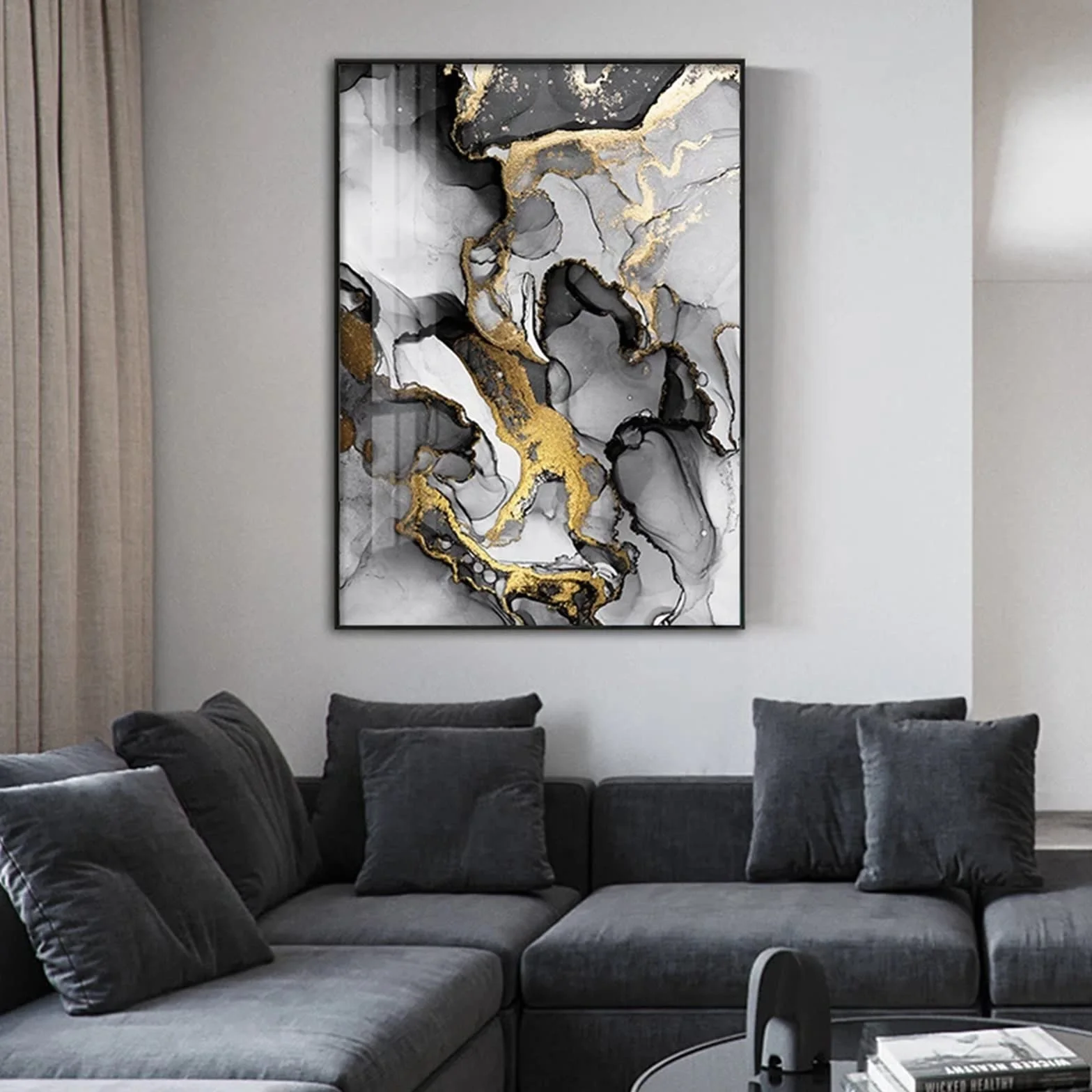 HEHGVCF Obraz na płótnie, geometryczny 40 x 60 cm, abstrakcyjny marmur, czarny, biały, złoty, szary, obraz ścienny, plakat na płótnie, zestaw plakatów bez ramy (D, 40 x 60 cm)