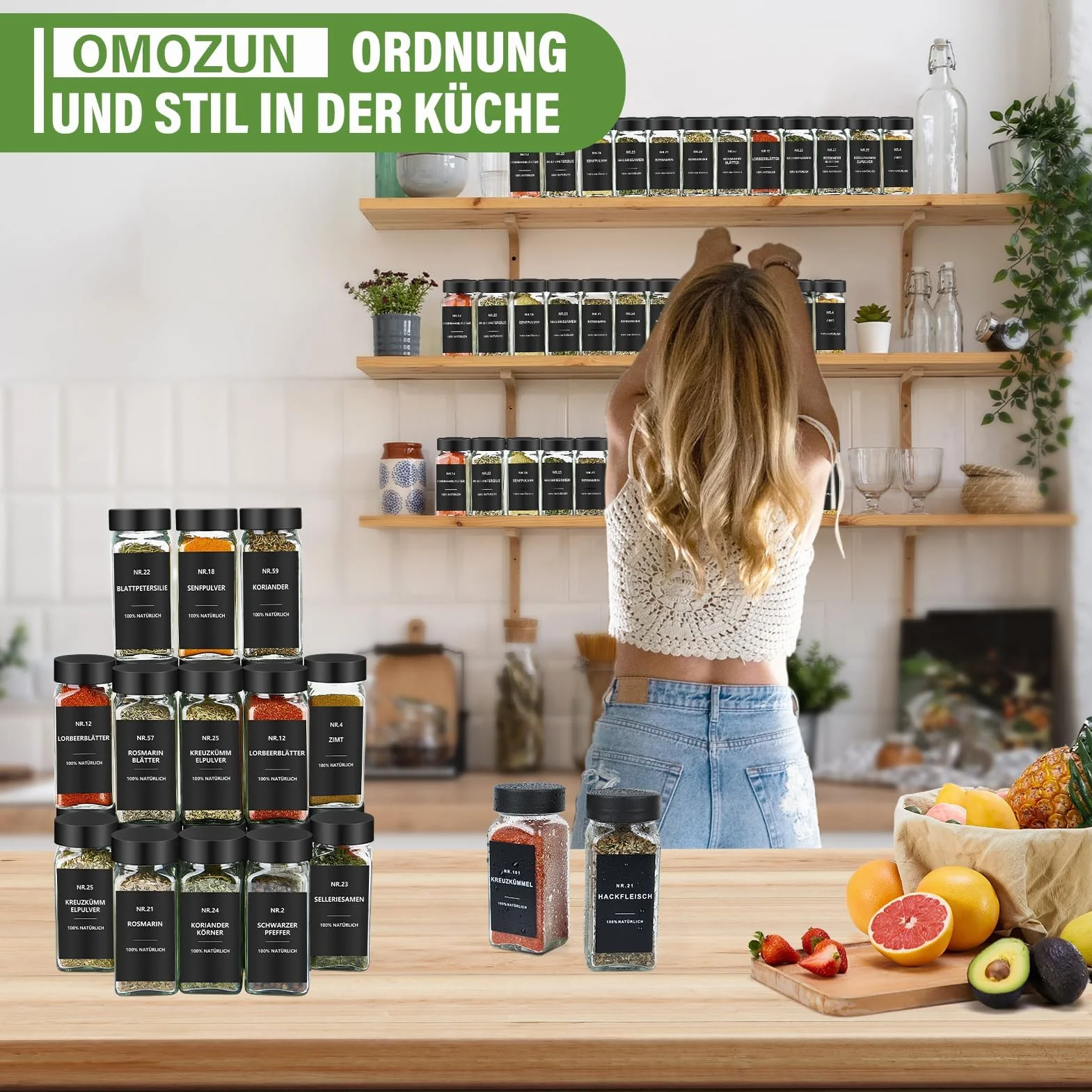 Kwadratowe słoiki na przyprawy z etykietami, zestaw 24 sztuk: małe słoiki na przyprawy, szklane, 120 ml, z wkładką do shakera, wodoodporne etykiety, przechowywanie przypraw do szuflady kuchennej