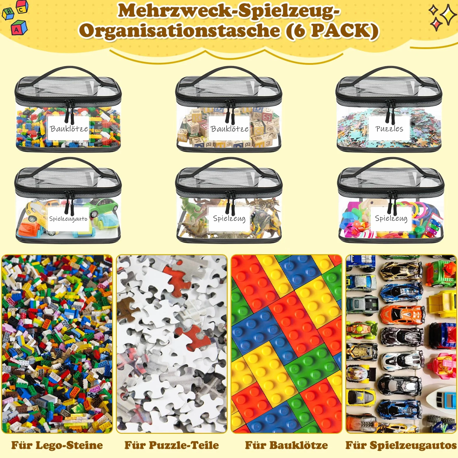 6 sztuk toreb do przechowywania zabawek z plakietką z imieniem, torby do przechowywania z zamkiem błyskawicznym, wodoodporny, przezroczysty organizer na zabawki dla dzieci, do klocków, puzzli, gliny