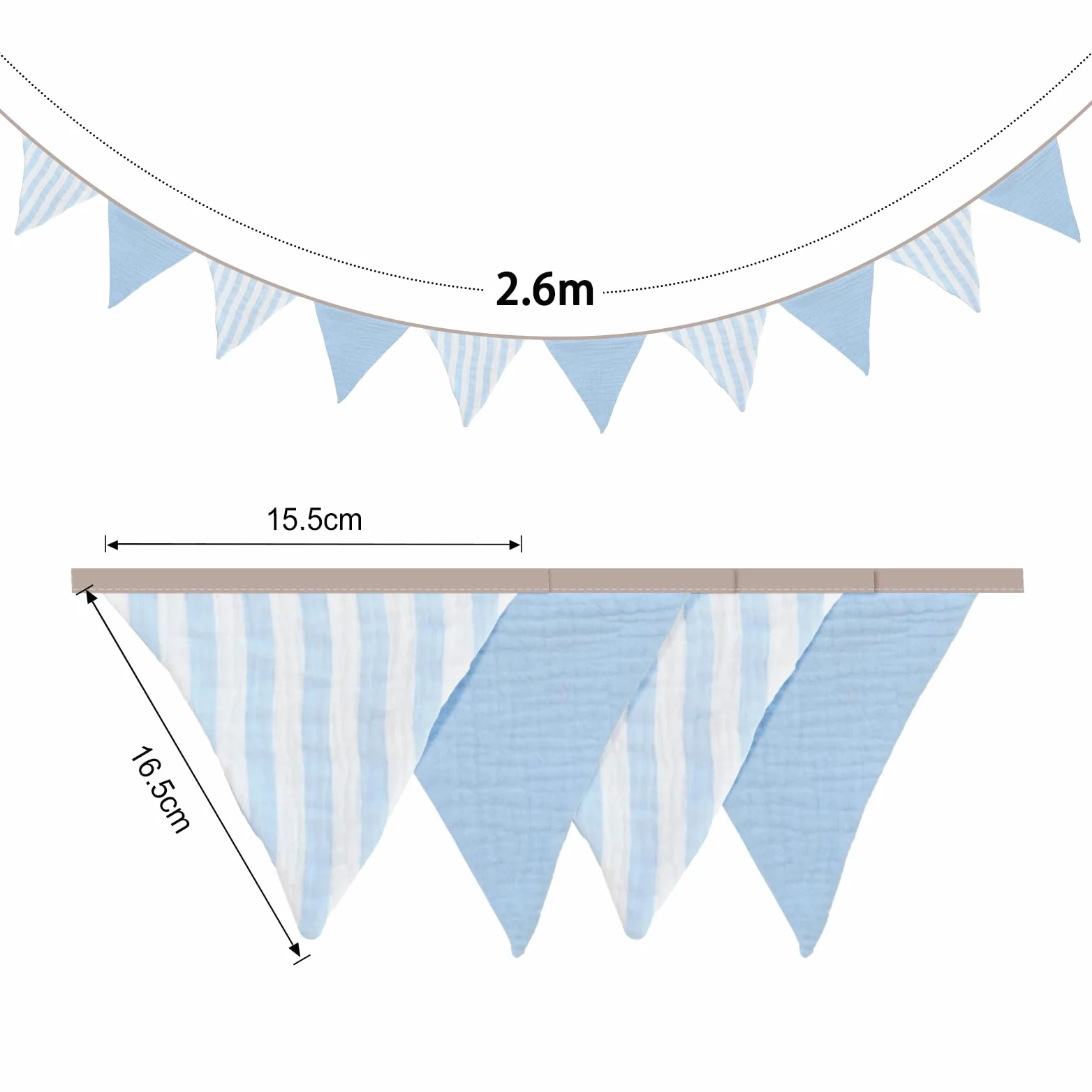 G2PLUS Flagi bawełniane, 2,6 m, jasnoniebieski wieniec z pionowymi paskami, girlanda dwustronna do dekoracji pokoju dziecięcego, baby shower, urodzin, chrztu, majsterkowania