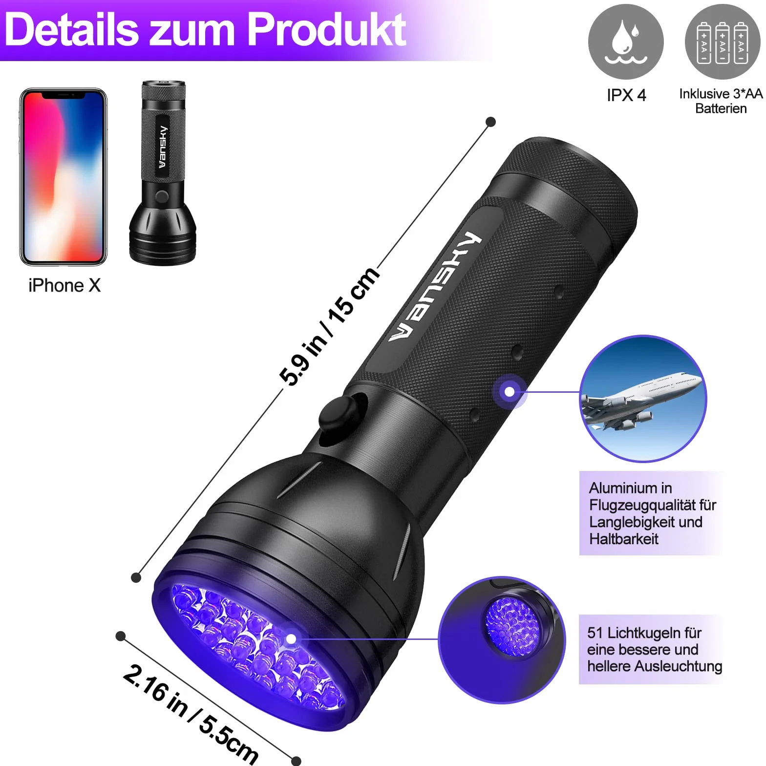 Vansky latarka UV, światło UV czarne do wykrywania moczu zwierząt, 51-LED detektor światła czarnego do moczu psa, plam zwierzęcych, pluskwy na dywanie/dywanikach/podłodze【w zestawie 3 baterie AA】