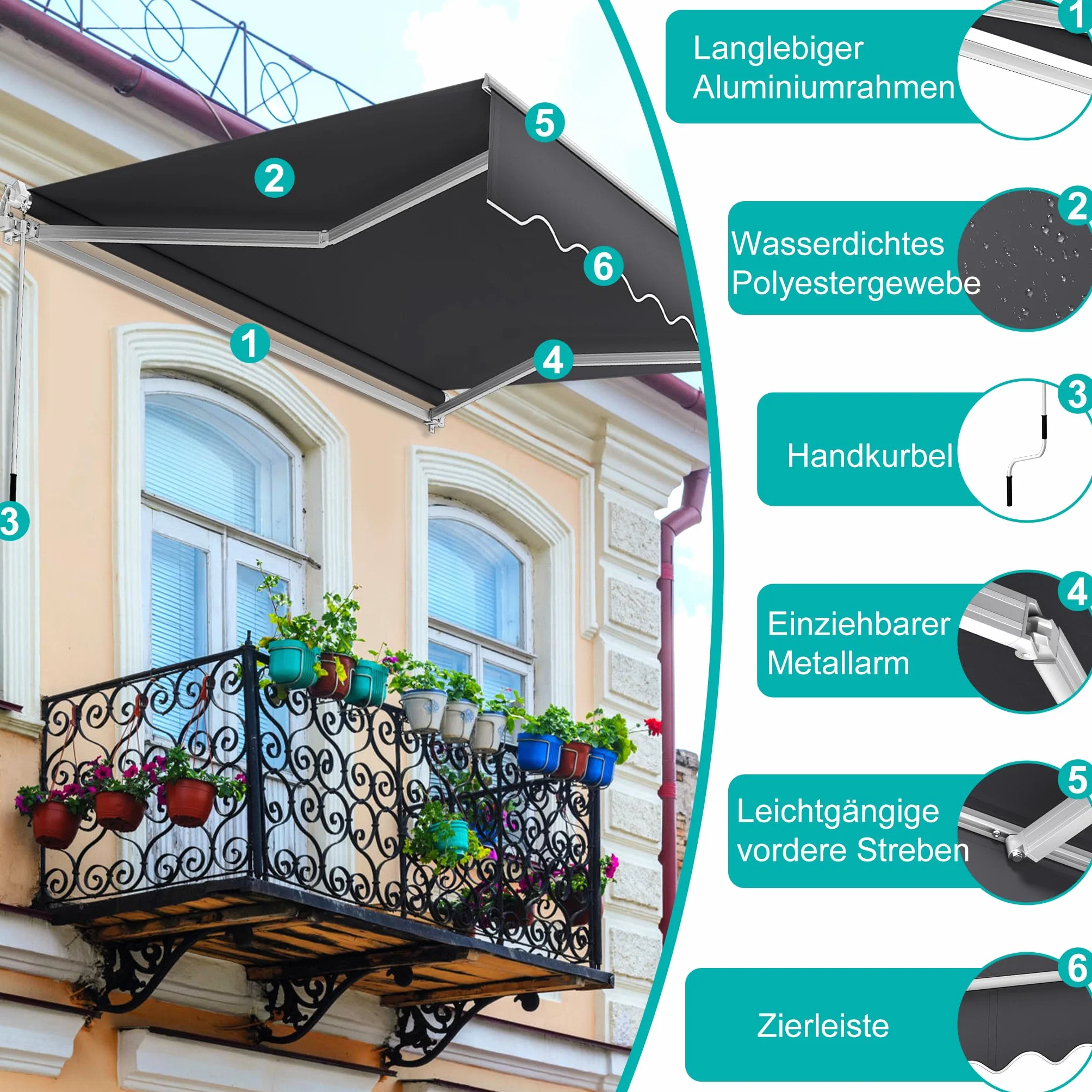 UISEBRT Markiza balkonowa 400 x 300 cm – markiza z ramieniem przegubowym, markiza zaciskowa, ochrona przed słońcem, ciemnoszara