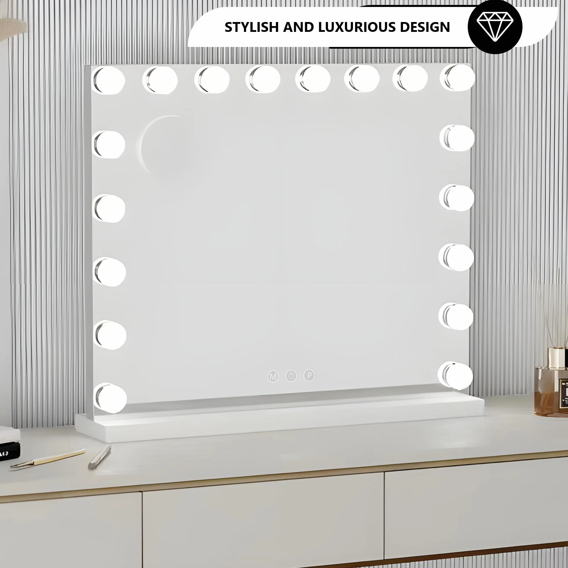 Bayt Lustro do makijażu Hollywood 80x60, regulowane oświetlenie LED, wbudowany Bluetooth, 10-krotne powiększenie, białe
