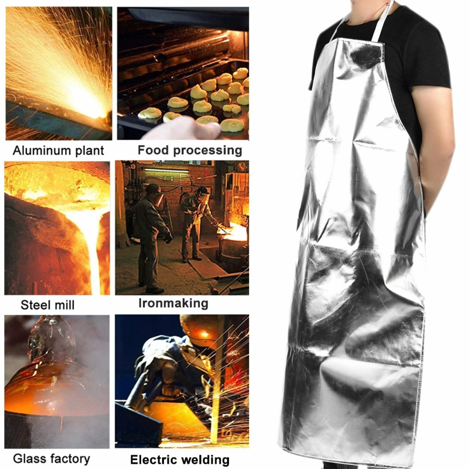 VBESTLIFE Fartuch ochronny do wysokich temperatur, odporny na wysokie temperatury 1000°C, srebrny, unisex, dla dorosłych, przemysłowy/do pracy, profesjonaliści, entuzjaści wysokich temperatur