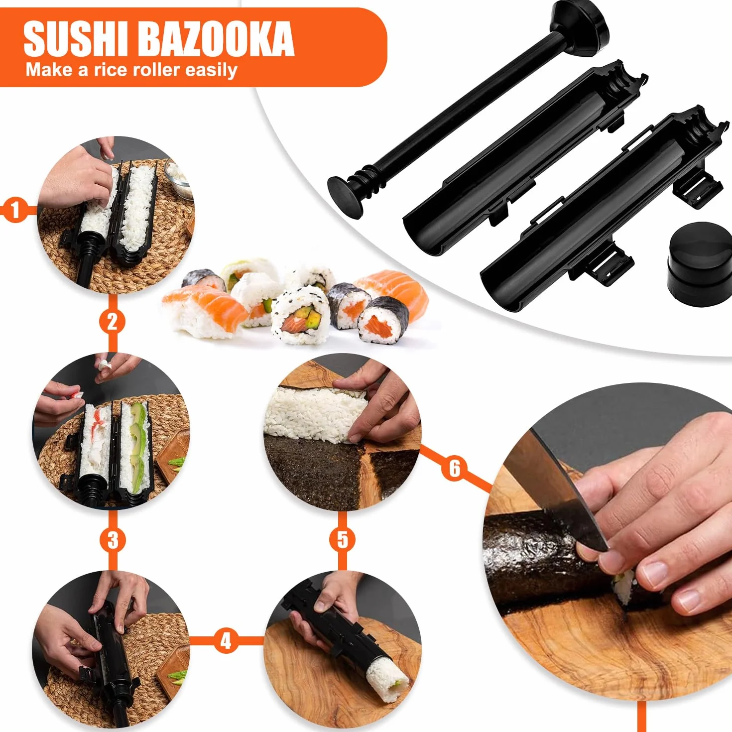 SmileTools Zestaw do robienia sushi, wałek do sushi, sushi bazooka, maszyna do sushi, bambusowa mata do zwijania sushi dla początkujących (czarny)