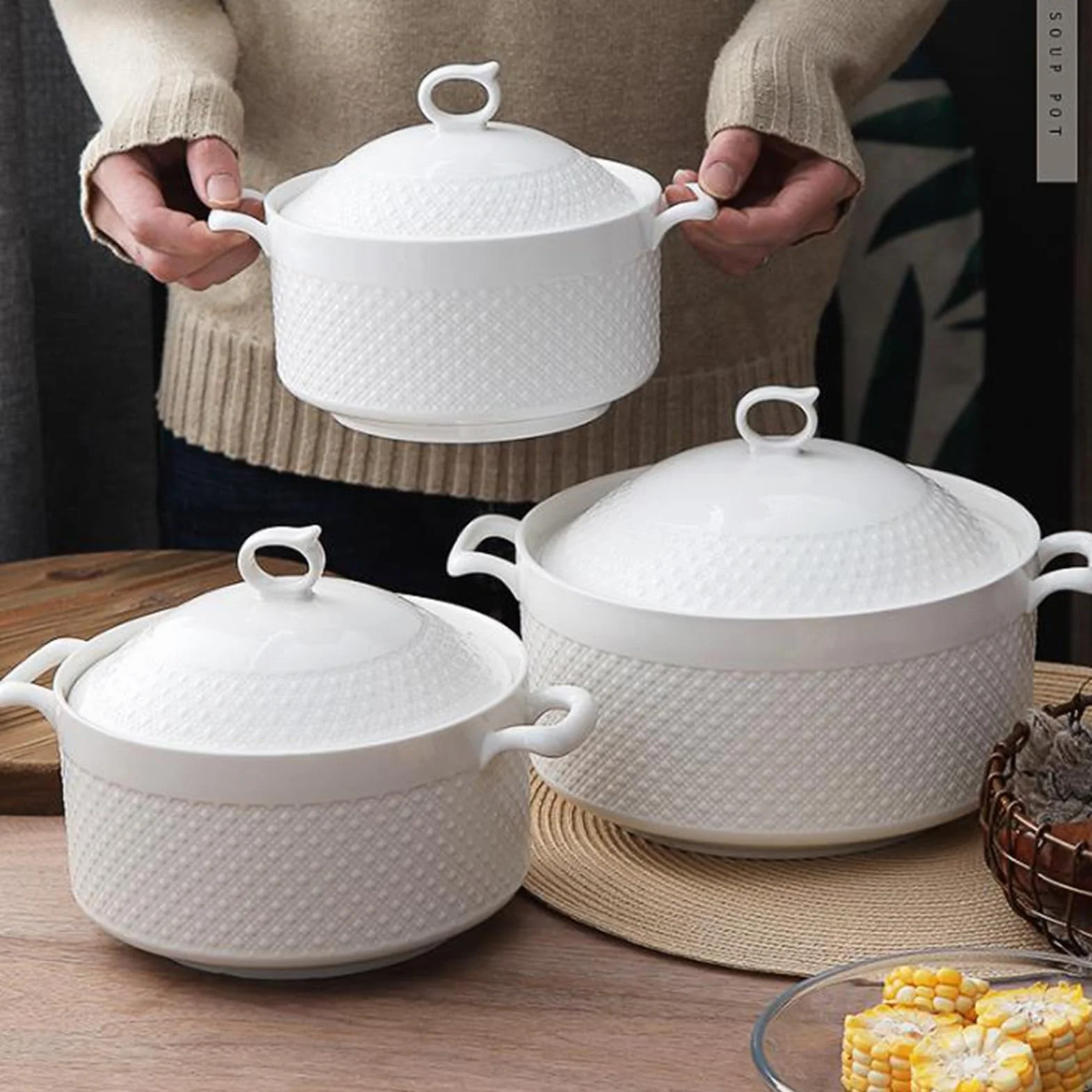 Ceramiczny garnek do zupy z pokrywką, porcelanowa miska do zupy do kuchni i restauracji, elegancka biała dekoracyjna doniczka do serwowania, idealna do zup i gulaszu