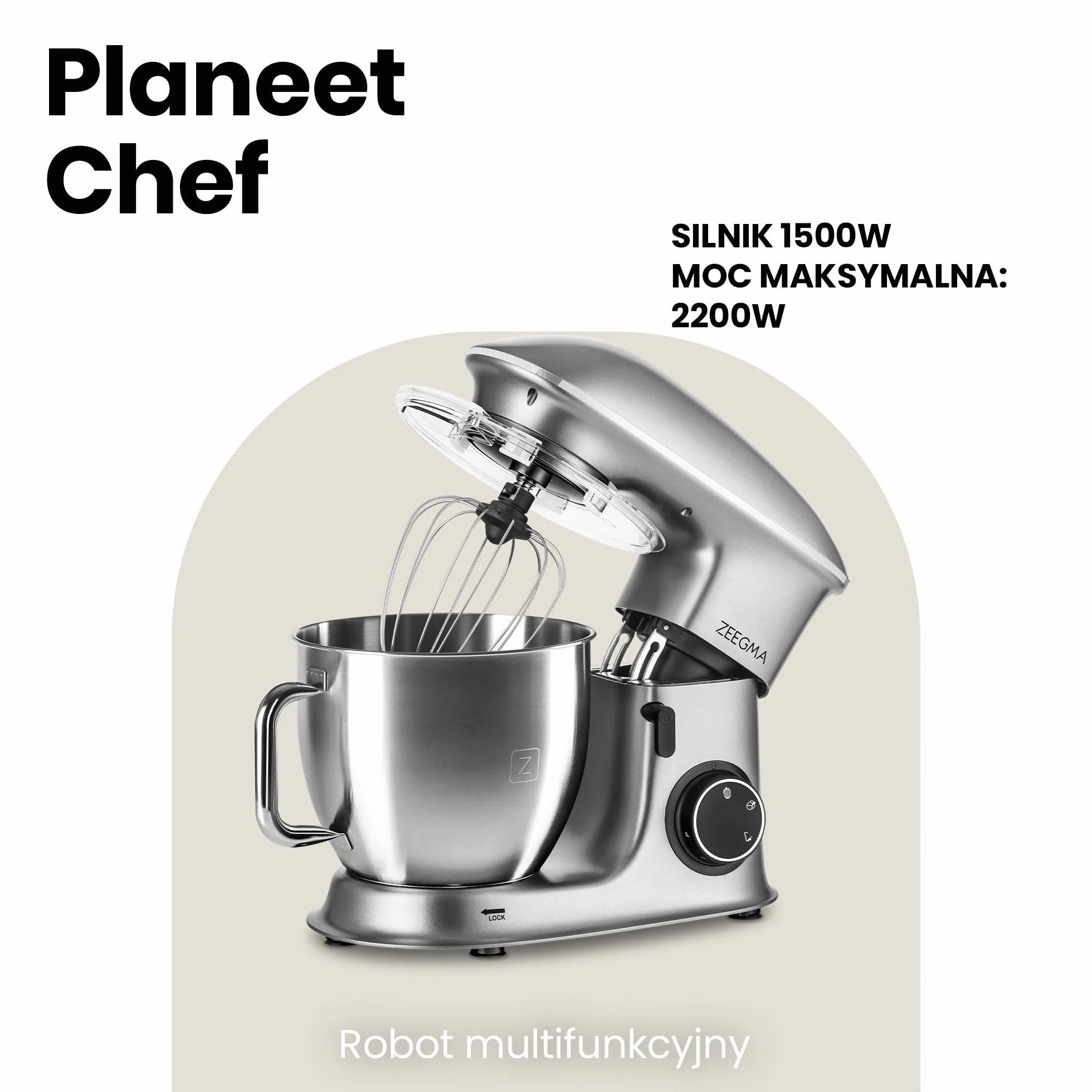 ZEEGMA Planeet Chef robot kuchenny, maszyna do ugniatania ciasta 1500 W, wielofunkcyjny robot do ciasta, miska z uchwytem ze stali nierdzewnej 6,5 l, 6 stopni prędkości, 3 mieszadła w zestawie